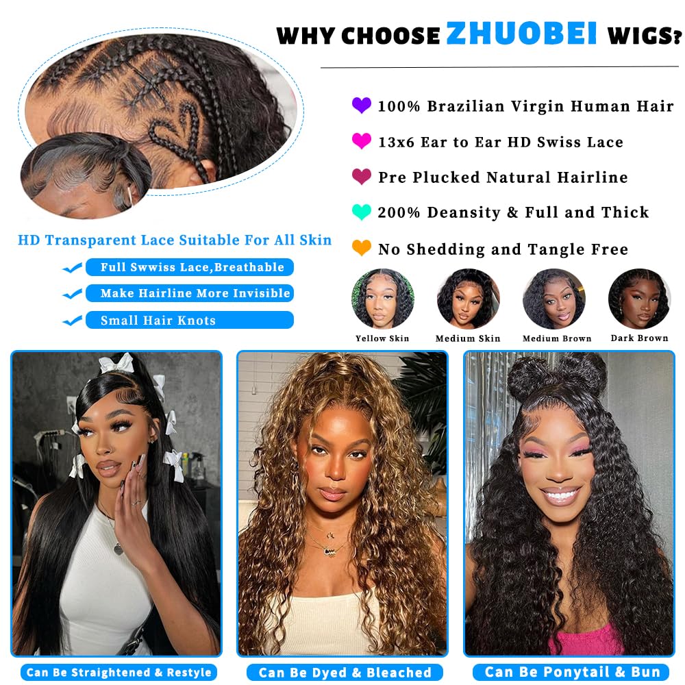 30 Inch Deep Wave Lace Front Wigs Human Hair 13x6 HD Lace Frontal Wigs Pre Plucked with Natural Hairline 200 Density Curly Human Hair Wig 13x6 Wet and Wavy GLueless Wig for Women