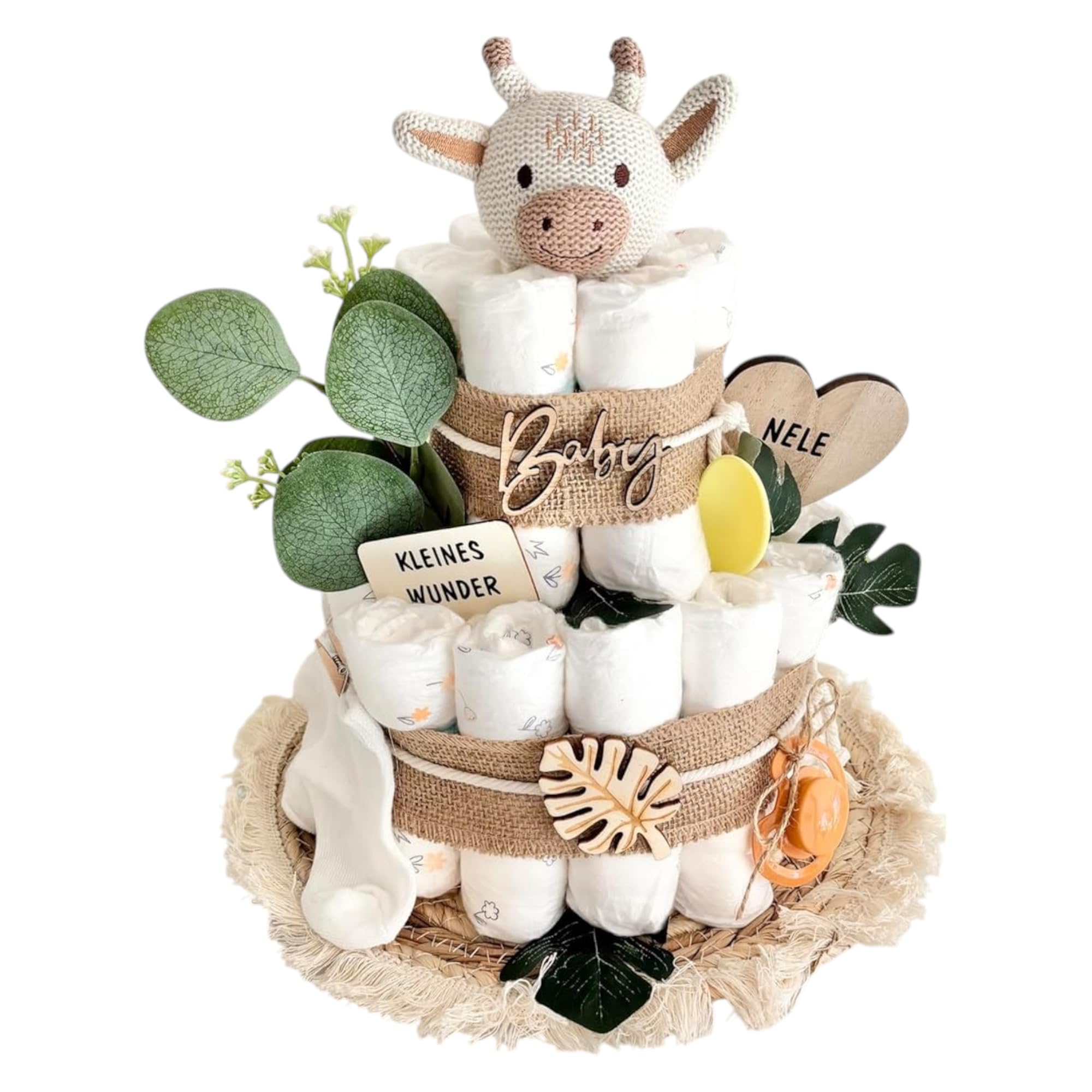 Windeltorte mit Giraffe, mit Babyaccessoires und Dekoration, Name Personalisierbar, Neutral für Jungen & Mädchen, Its a Boy/Girl, Babyshower Torte Gender-Reveal Baby-Party Geschenk Geburt Deko