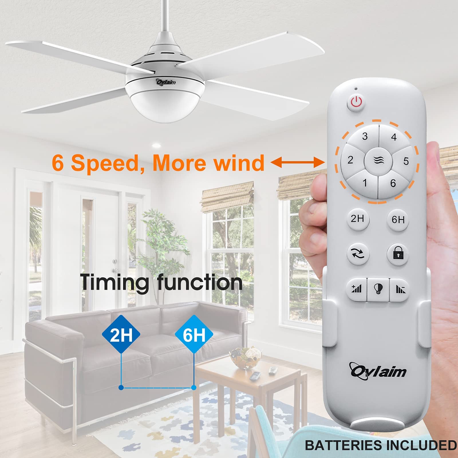 Ovlaim Ventilatore da Soffitto da 122 cm con Led Luce (3 colori) e Telecomando (6 velocità), motore DC a silenzioso e risparmio energetico, adatto per l'estate e l'inverno - Bianco