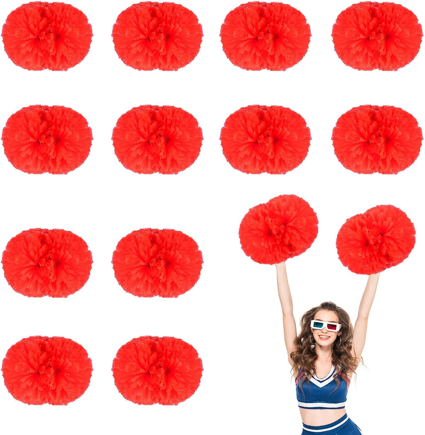 Metallic Cheerleading Pom Poms,12Pcs Cheerleaders Cheer Pom Poms with Baton Handle Metallic Foil Pompoms for Adult (Red)