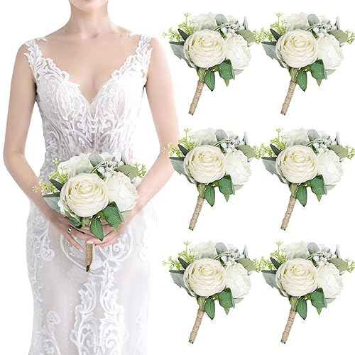 SEMONONIA Bridesmaid Bouquets Set of 6 - Ivory White Artificial