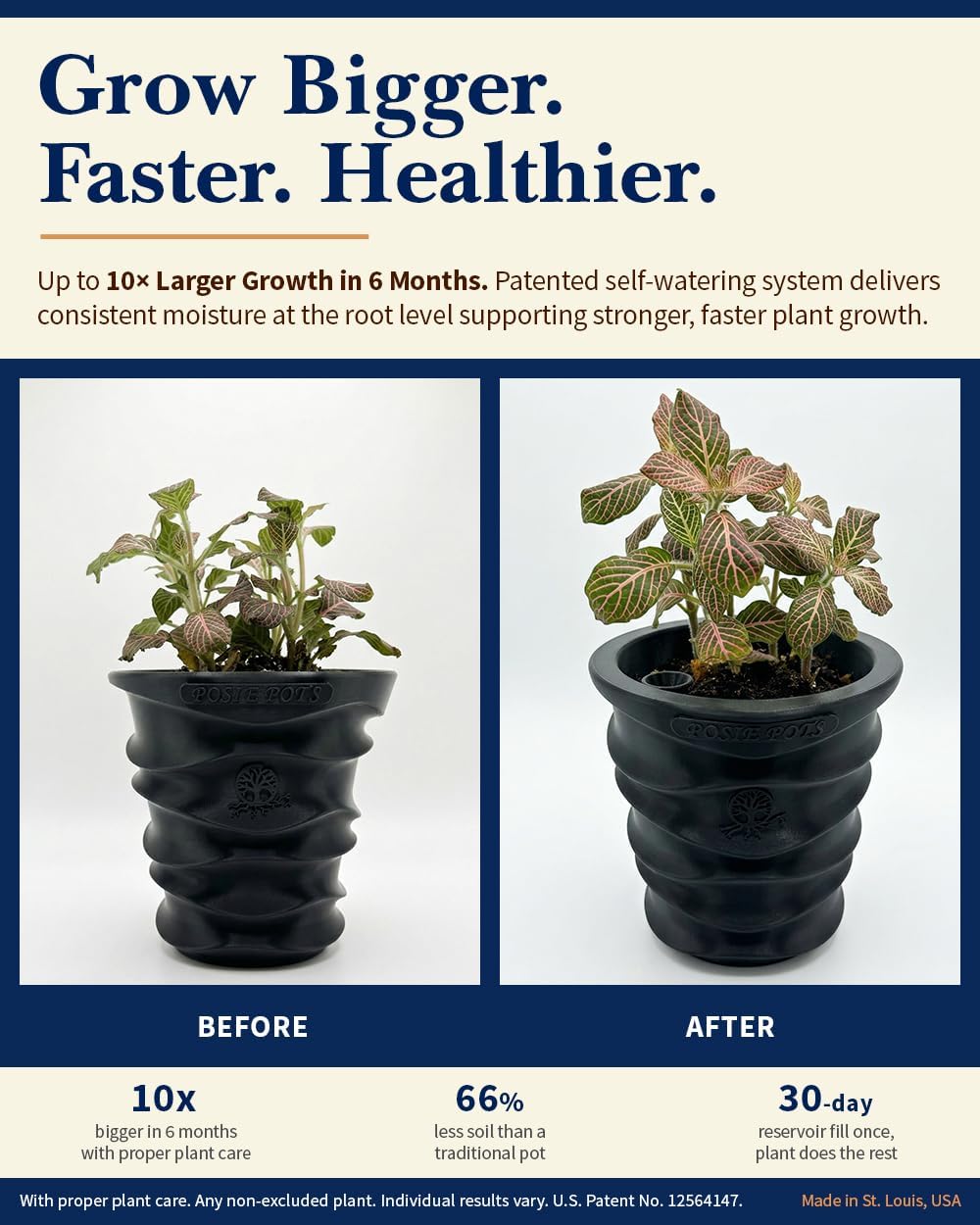 Posie Pot Large Wave Self Watering Planter for Indoor Plants - 7x7 Inch Patented Pot with 10X Water Reservoir - Modern 3D Printed Desk Planter - Root Rot Free - Eco Friendly, Made in USA, Black