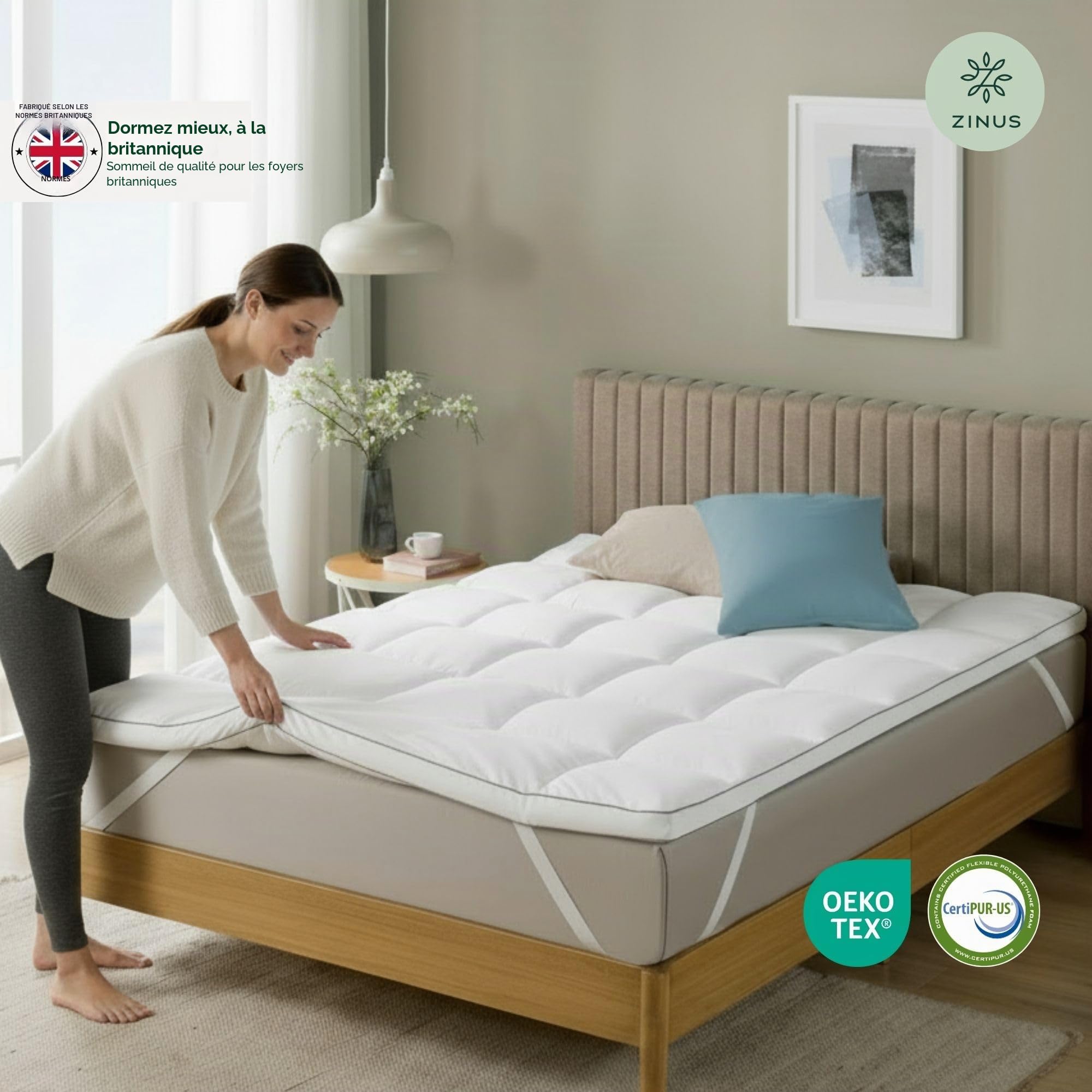 Zinus Surmatelas en Bambou 90 x 190 cm - Housse de Matelas matelassée avec surmatelas de 5 cm d'épaisseur - Lavable en Machine - Blanc