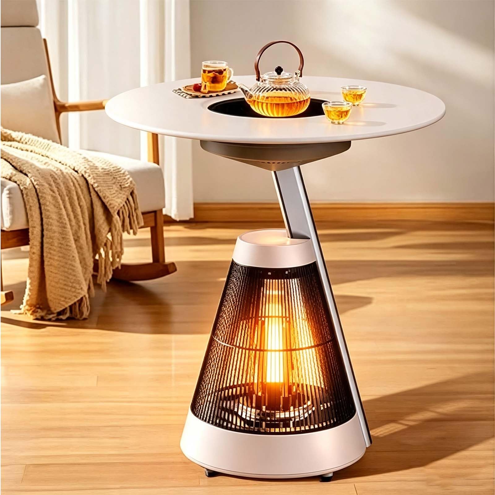 Runder Tischheizer Mit Kochfeld, Ideal Für Winterliche Hot-Pot-Partys | 1500 W Kochfläche + 1000 W 360°-Heizelement, Separate Temperaturregelung, Fernbedienung, Abnehmbare Tischplatte