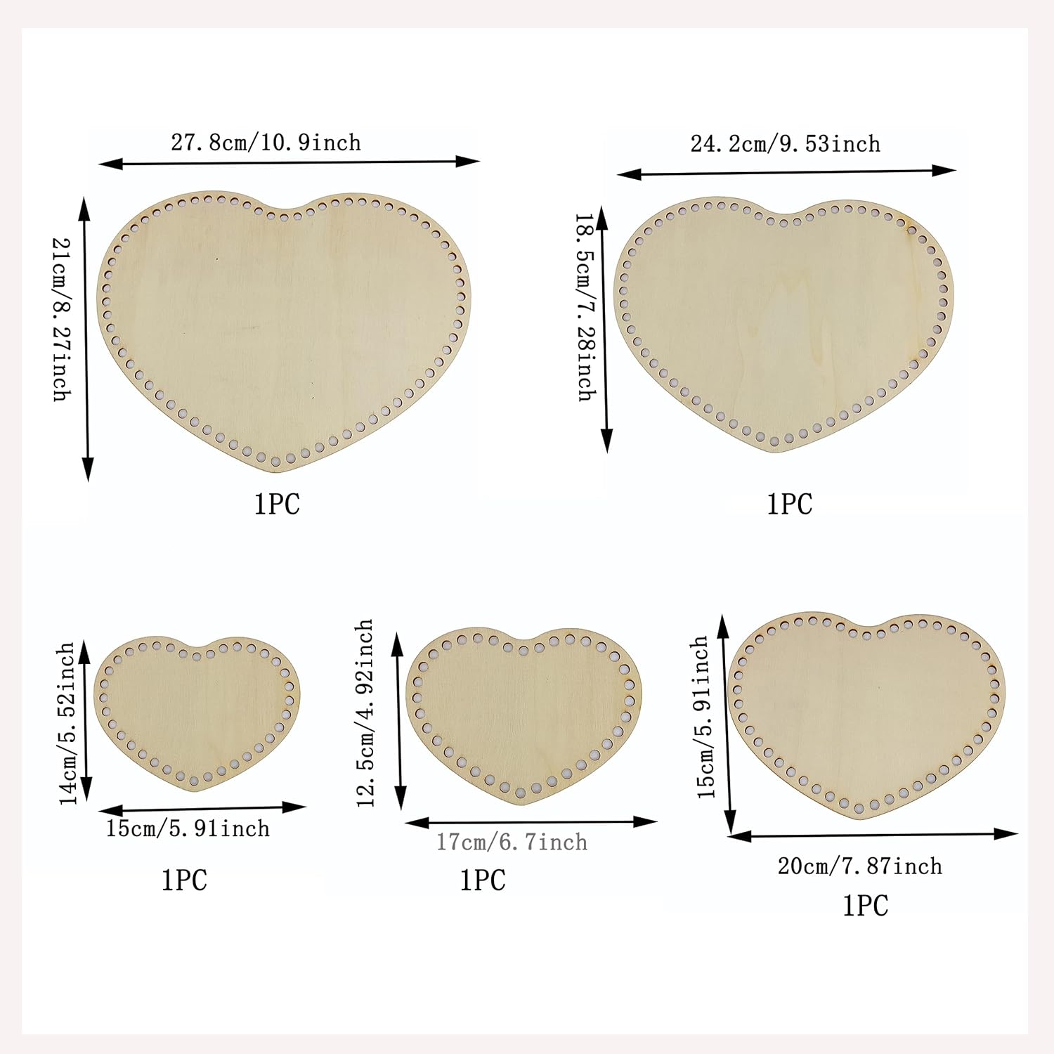 Alinacutle 5 Sizes Sweet Heart Wood Crochet Basket Base,Wooden Basket Bottom, Sweet Heart Wood Baskets Bases for DIY Baskets/Bags/Purse Weaving