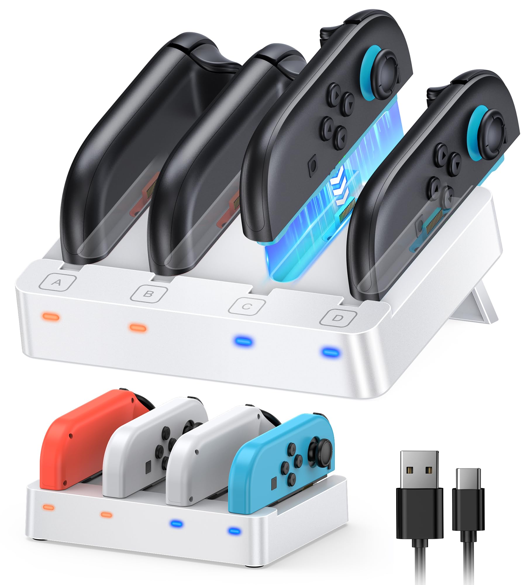 [Fit für Switch 2&1] 8 in 1 Controller Ladestation für Joy Con 2 & 1, WAXITY Schnelle Magnetische Horizontale Ladegerät für Nintendo Switch 2/Switch1/OLED Modell Zubehör mit USB Ladekabel(Weiß)