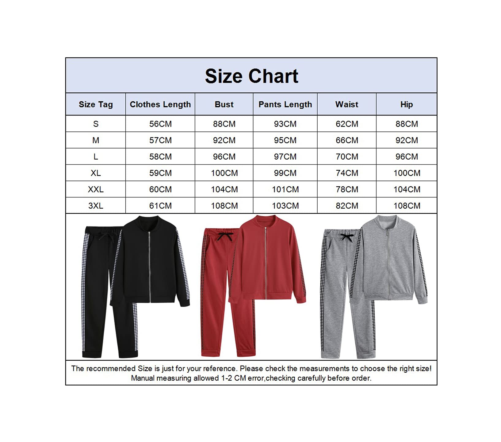 amropi Tuta da donna in 2 pezzi, con felpa con cappuccio e pantaloni da jogging, Plaid nero., X-Large