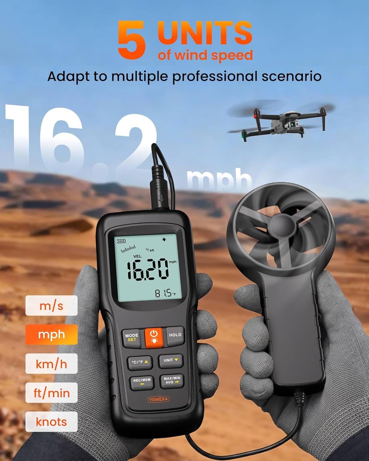 5-in-1 Split Anemometer for Wind Flow, Speed, Temp, Level, Windchill, YOWEXA Air Flow Meter with Big Backlit Screen, Wind Meter Supports Data Storage, Tripod Socket for HVAC Drone Sailing Hunting