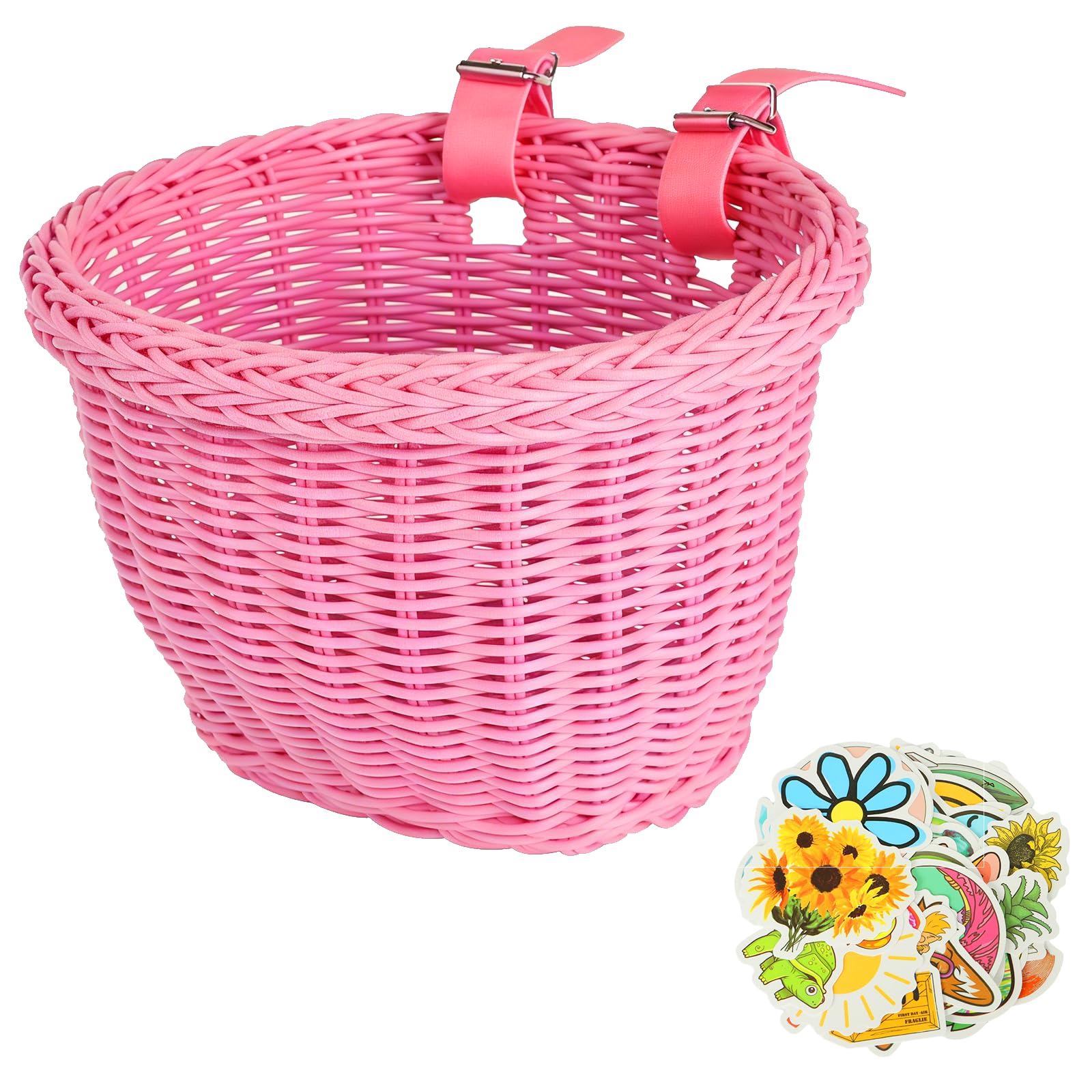 JIUAI Kids' Bike Basket, Handwoven Children's Cycle Basket with Personalised Sticker Pack, Scooter Basket for Boys and Girls, Easy to Install & Detachable with Leather-Look Strap. (Pink)