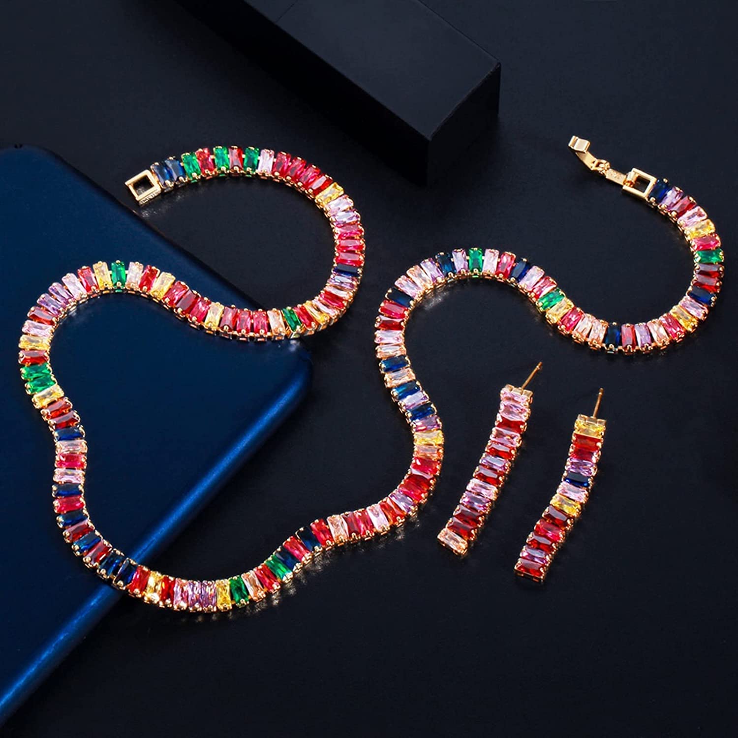 Joyería Multicolor Arco Iris rectángulo Zirconia cúbica Pendientes Collar Conjuntos para Mujeres Moda Fiesta bisutería