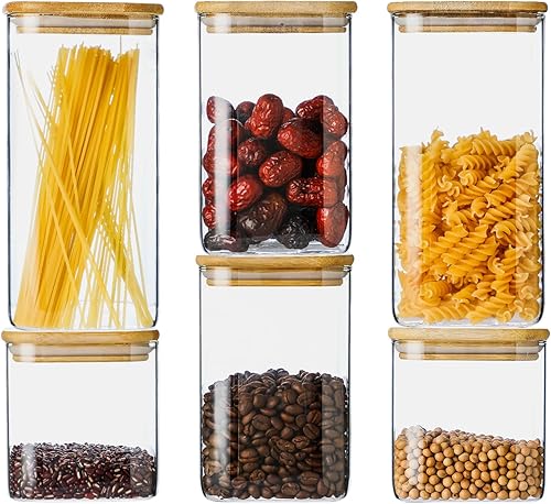 Contenedores de vidrio para almacenamiento de alimentos con tapas, paquete de 6 (25 onzas, 37 onzas / 50 onzas), tarros de vidrio de borosilicato