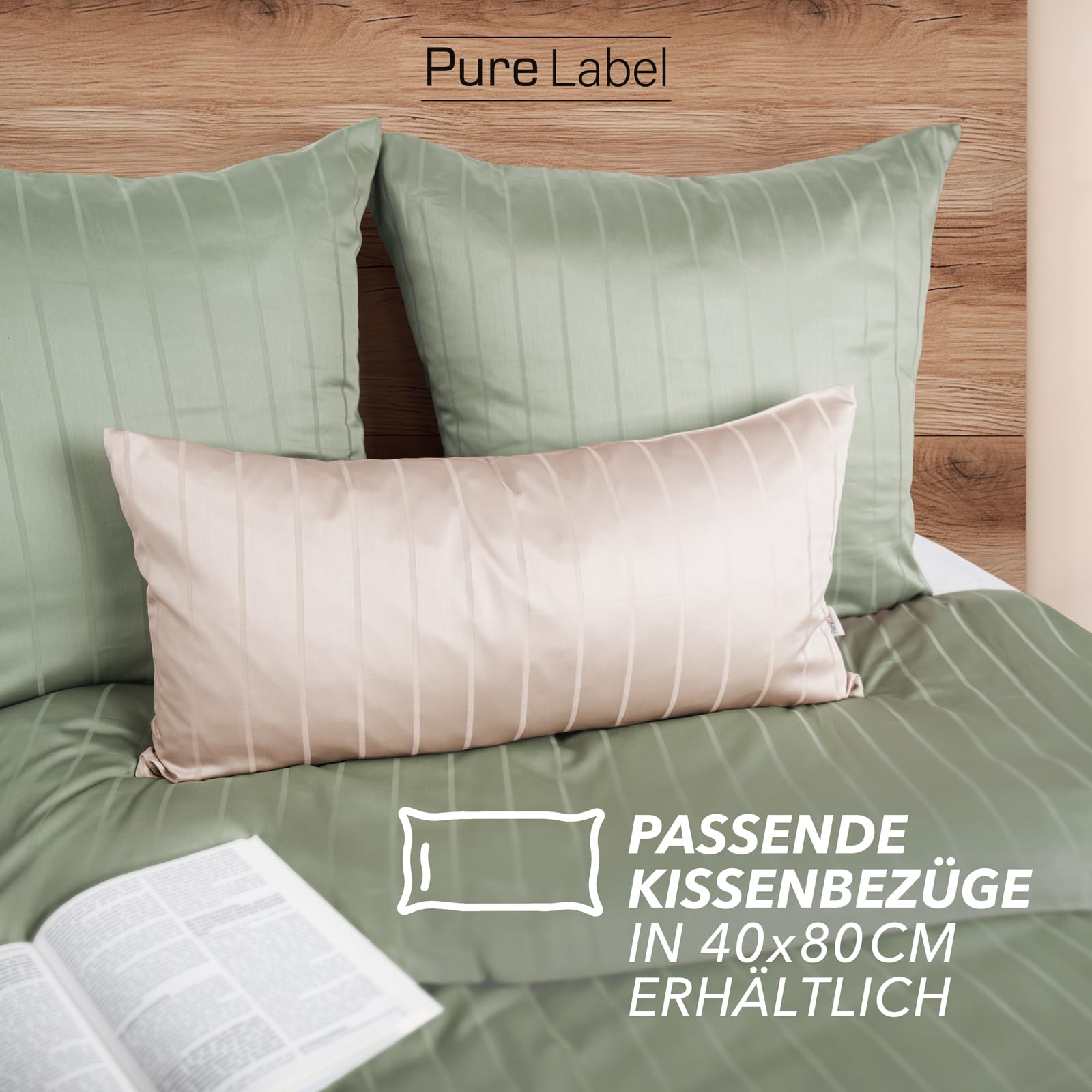 Pure Label Satin Bettwäsche 155x220 40x80 gestreift grün | 100% Baumwolle & Oeko-TEX Zertifiziert - Elegante und angenehm