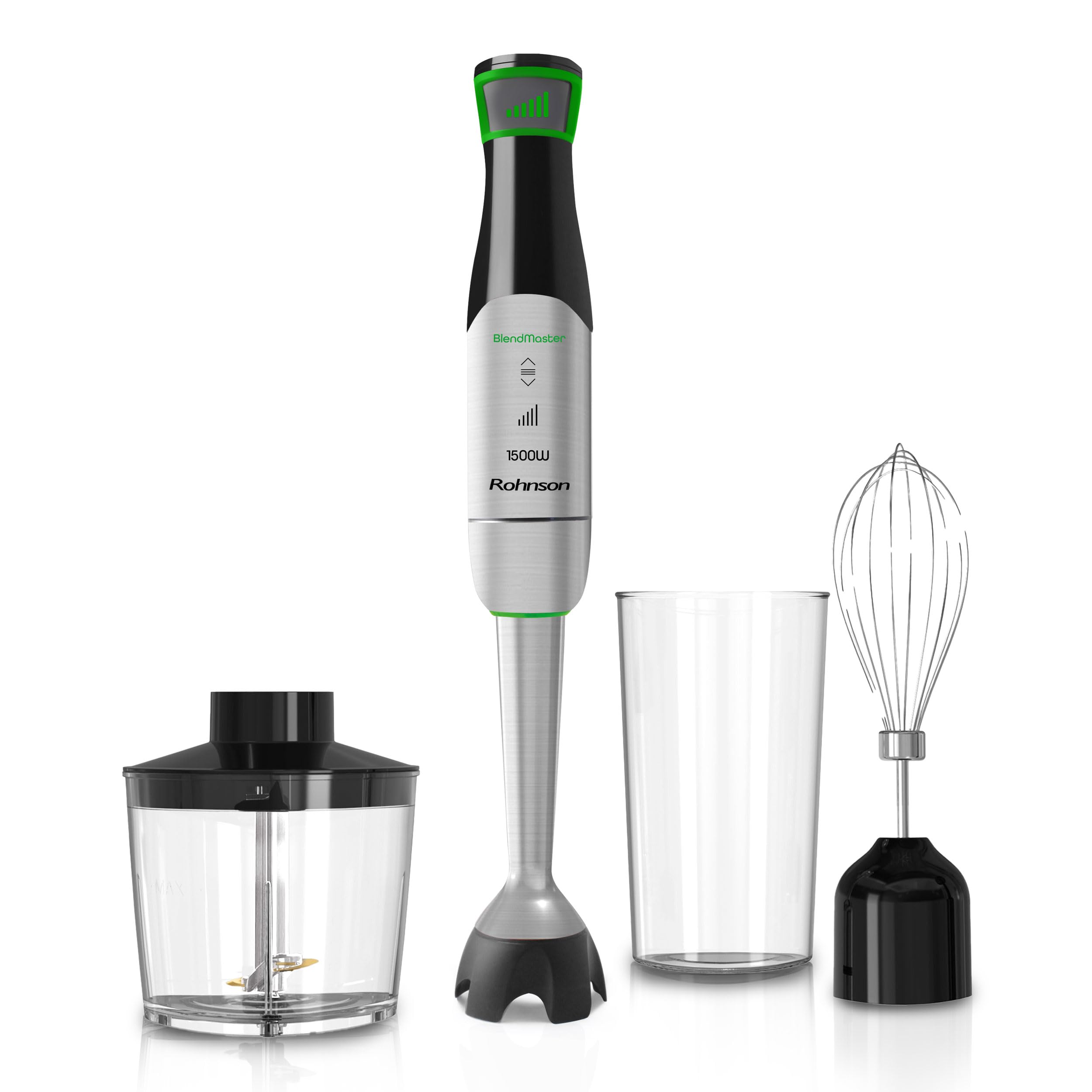 Rohnson BlendMaster R-5750 Stabmixer mit 1500 W, Vario-Blade-Technologie und Tiefenregelung, inklusive Schneebesen, Messbecher und Zerkleinerer, Spiralkabel