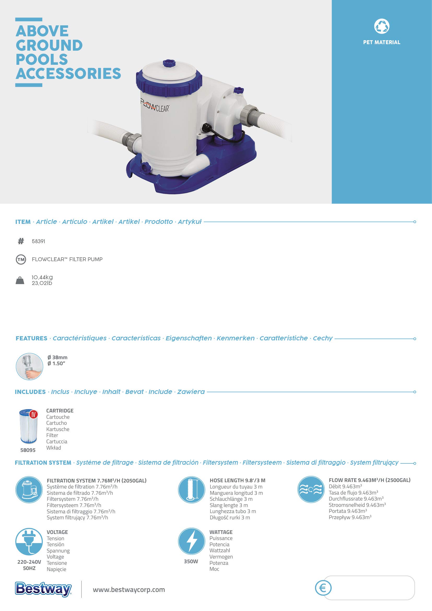 Bestway 58391 FLOWCLEAR Bomba de filtro 9.463 l/h, 220 – 240 V ~/50Hz, transformador 12 V kl. 3, 350 W, TÜV/GS H, multicolor