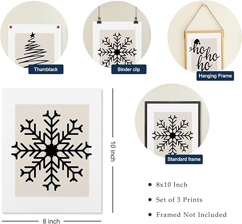 Miniatura 4 de GOXFOC Juego de 3 impresiones artísticas de pared de invierno boho navideñas, árbol de Navidad, copos de nieve, sin marco, impresiones artísticas de