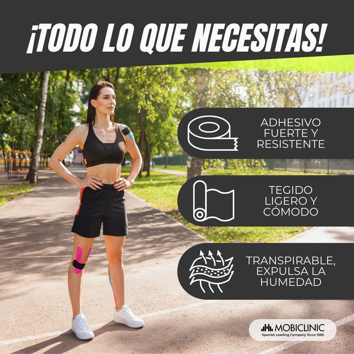 Mobiclinic, Kinesiotape, Mobitape, Venda Neuromuscular Adhesiva, Alivio dolor muscular, Elásticas, Impermeable, Vendaje kinesiológico, Apto para múltiples zonas, Rollo, 5x5cm, 12 Uds. Negro