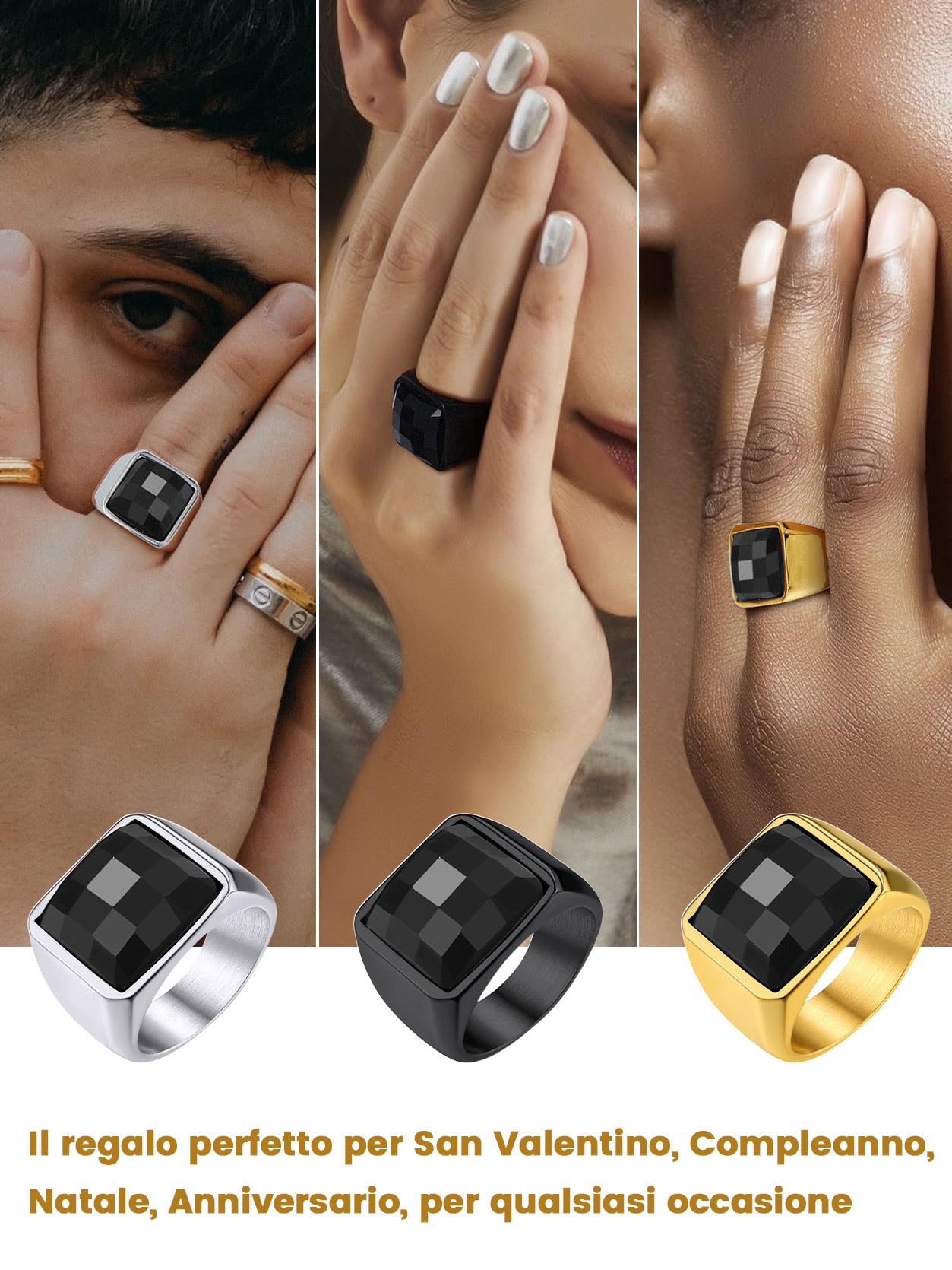 GoldChic Misura 30 Ossidiana 15MM Anello Uomo Argento Pietra Alta Trasparenza Intarsio 3D Tagliato a Diamante Anello Acciaio