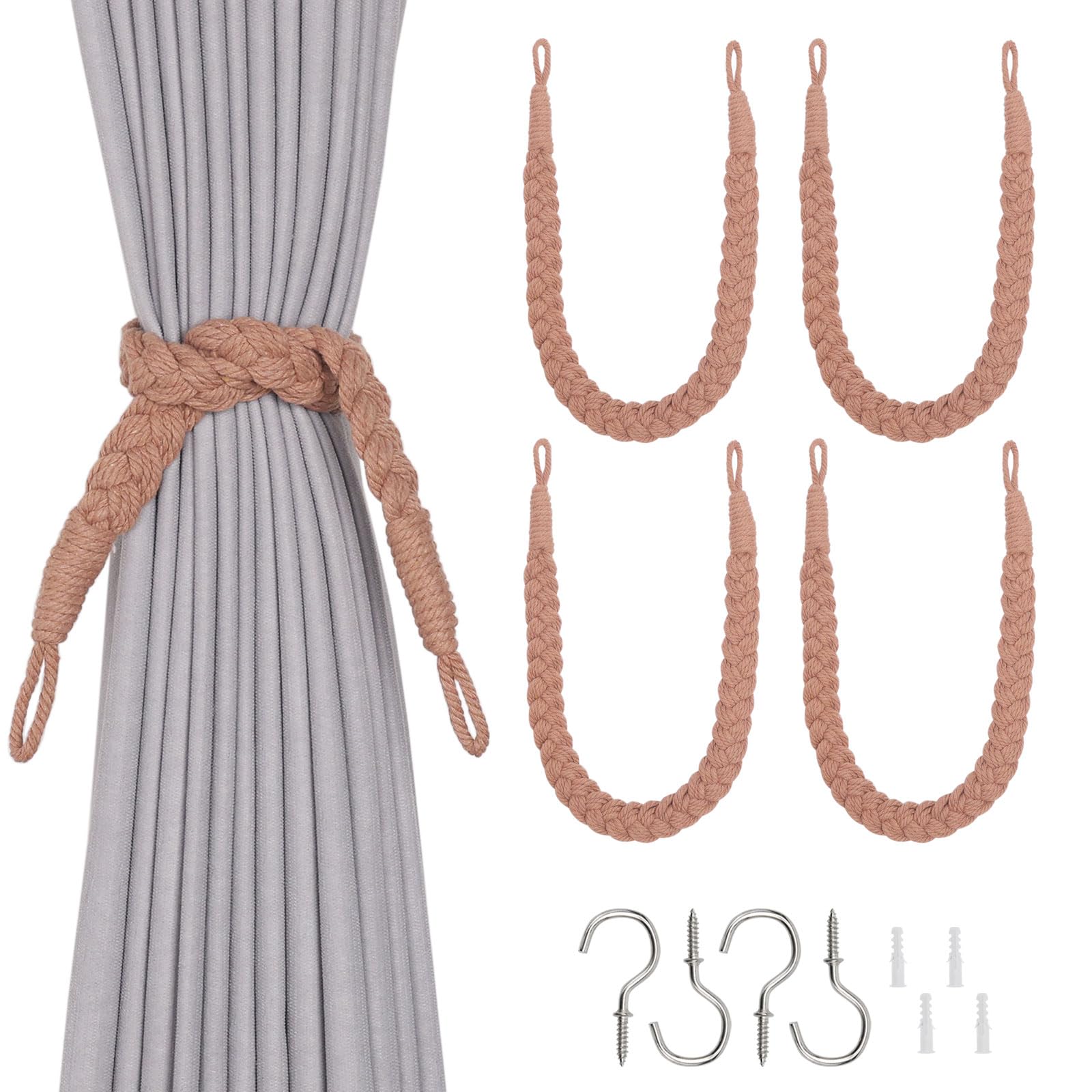 Pretty Jolly 4 Pack Natural Cotton Rope Curtain Tiebacks Elegant Boho Style Decorative Drape Tie Backs Soft Hand-Woven Rope Curtain Holdbacks with Metal Hook for Home & Office Drapery (Reddish Brown)
