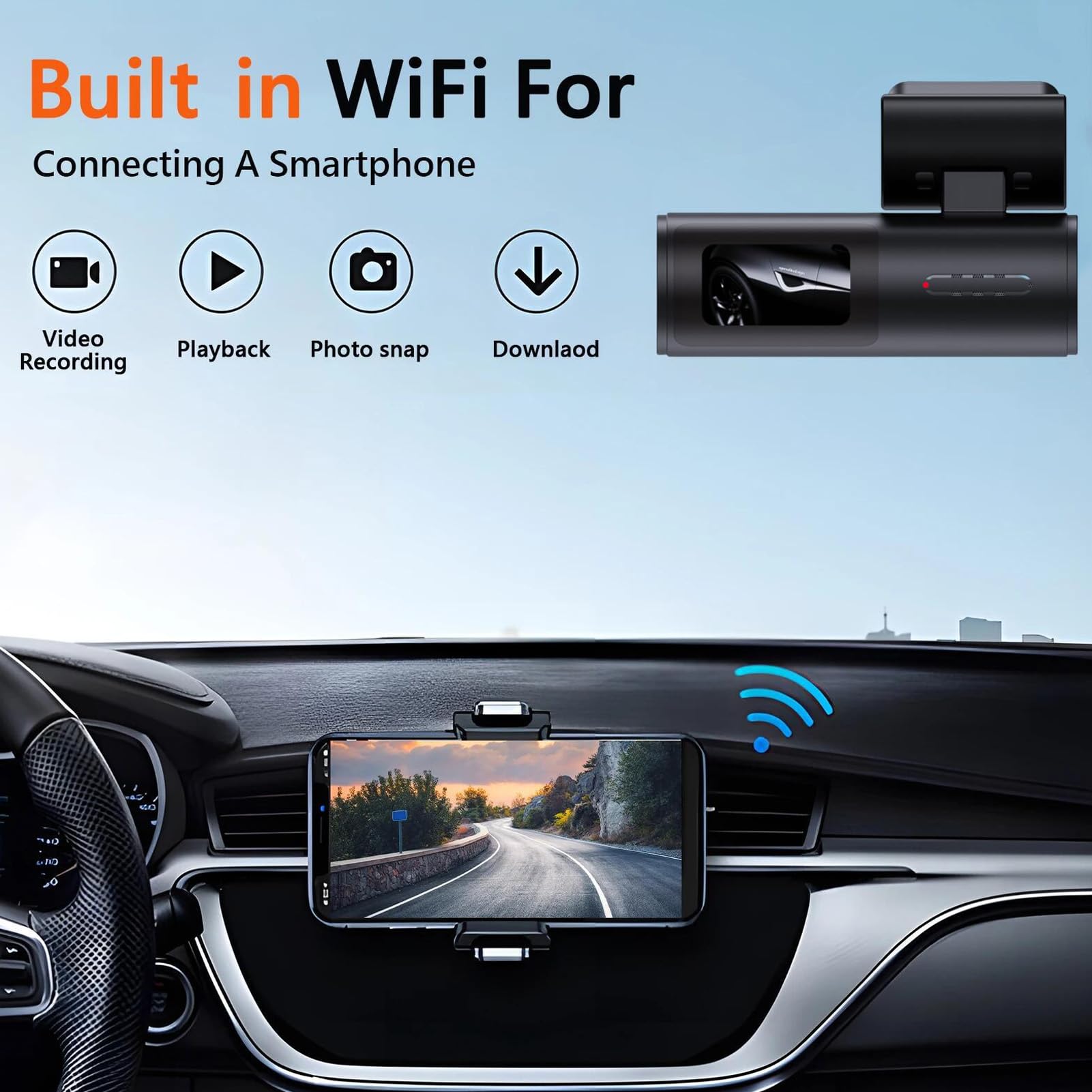 SIXRUN Cámara de Salpicadero Delantera y Trasera para Coche, Captura de Vídeo 4K, Conectividad WiFi, Monitoreo de Estacionamiento 24 Horas Al Día, 7 Días a la Semana y Detección de Movimiento para
