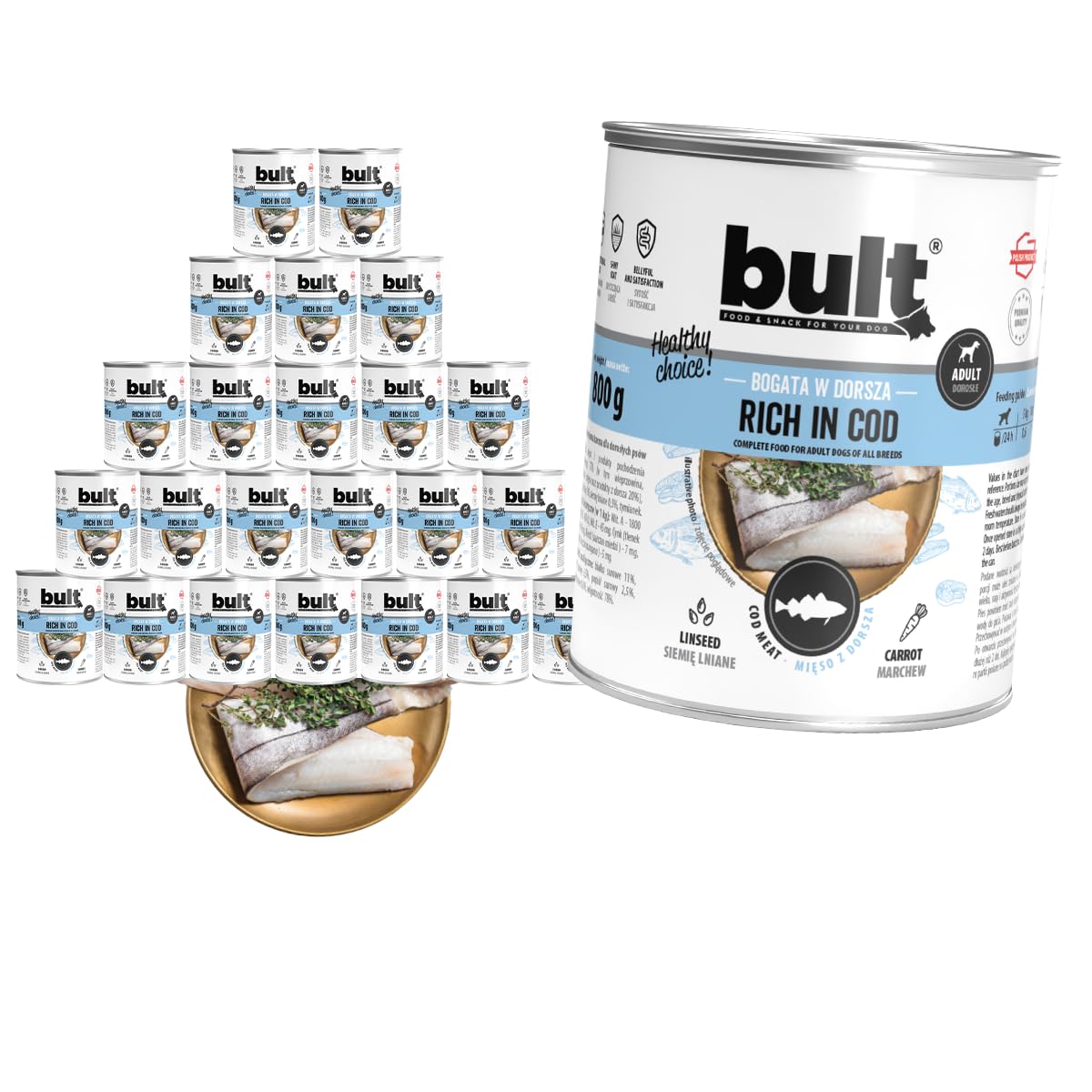 BULT Mokra Karma dla Psa Bogata w Dorsza 800g dla Dorosłych Psów z Marchewką i Siemieniem Lnianym 800g x 24 Puszki