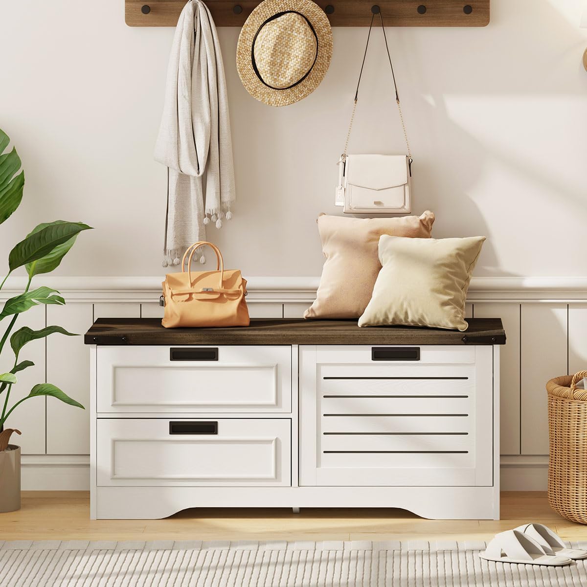 FATORRI Shoe Storage Bench with Flip Drawer, Wooden Entryway Bench, Modern Shoe Cabinet with Removable Drawers for Hallway, Living Room (Walnut Brown & White Oak)