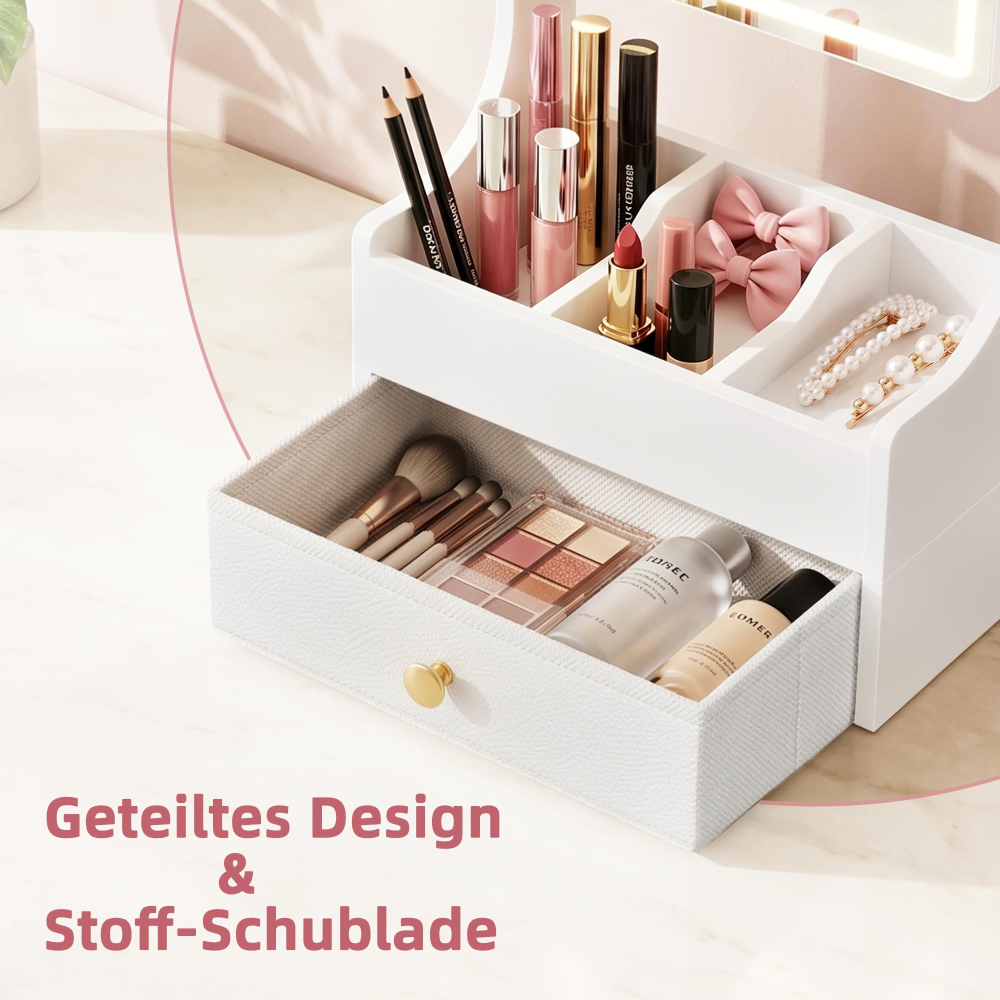 Schminkspiegel mit Beleuchtung, Make-up Organizer, 32 x 66 cm | 360° drehbarer Kosmetikspiegel, 5-fach Vergrößerungsspiegel mit Licht, höhenverstellbar, Tischspiegel & Schminktisch Spiegel
