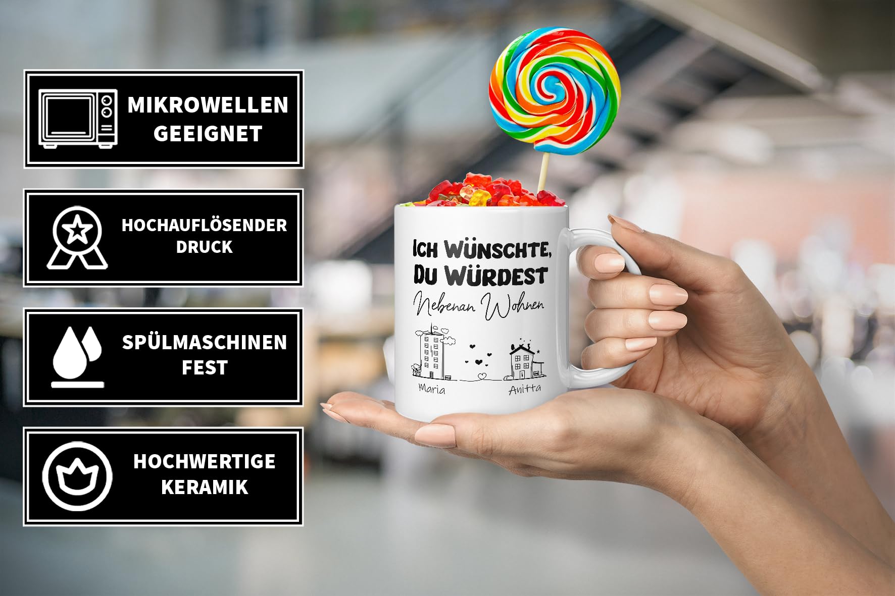 „Ich Wünschte Du Würdest Nebenan Wohnen“ – Personalisierte Tasse Mit Korksockel & Deckel – Perfektes Geschenk Für Beste Freundin Zum Umzug Oder Abschied