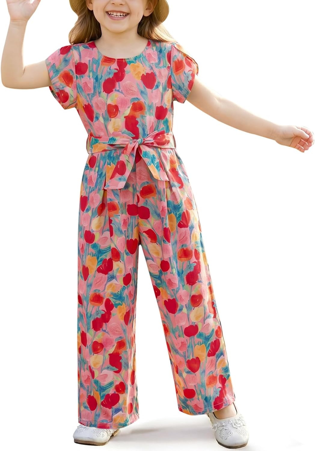 Haloumoning Girls Floral Jumpsuit Kids Fashion Short Sleeve Belted Wide Leg Romper One Piece Outfits with Pockets