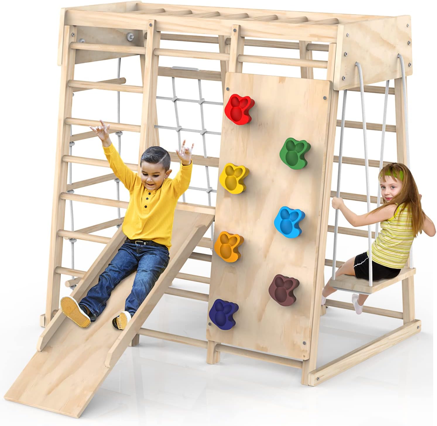 PROY Indoor Jungle Gym, Toddler Climbing Toys Indoor, Indoor Playground Climbing Toys for Toddlers, Climber Playset with Slide, Climbing Rock/Net, Monkey Bars, Drawing Board, Abacus Game and Swing