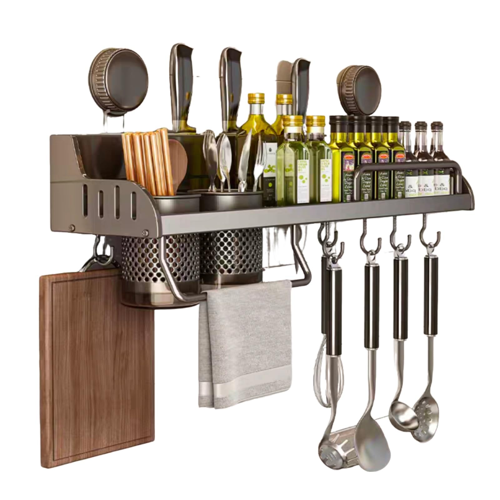 GLJTUO Wall-Mounted Spice Rack, No-Drill Hanging Kitchen Shelf with Adjustable Hooks, Utensil Holder, Towel Holder & Knife Holder - Space-Saving for Home Cooking (40cm),40cm