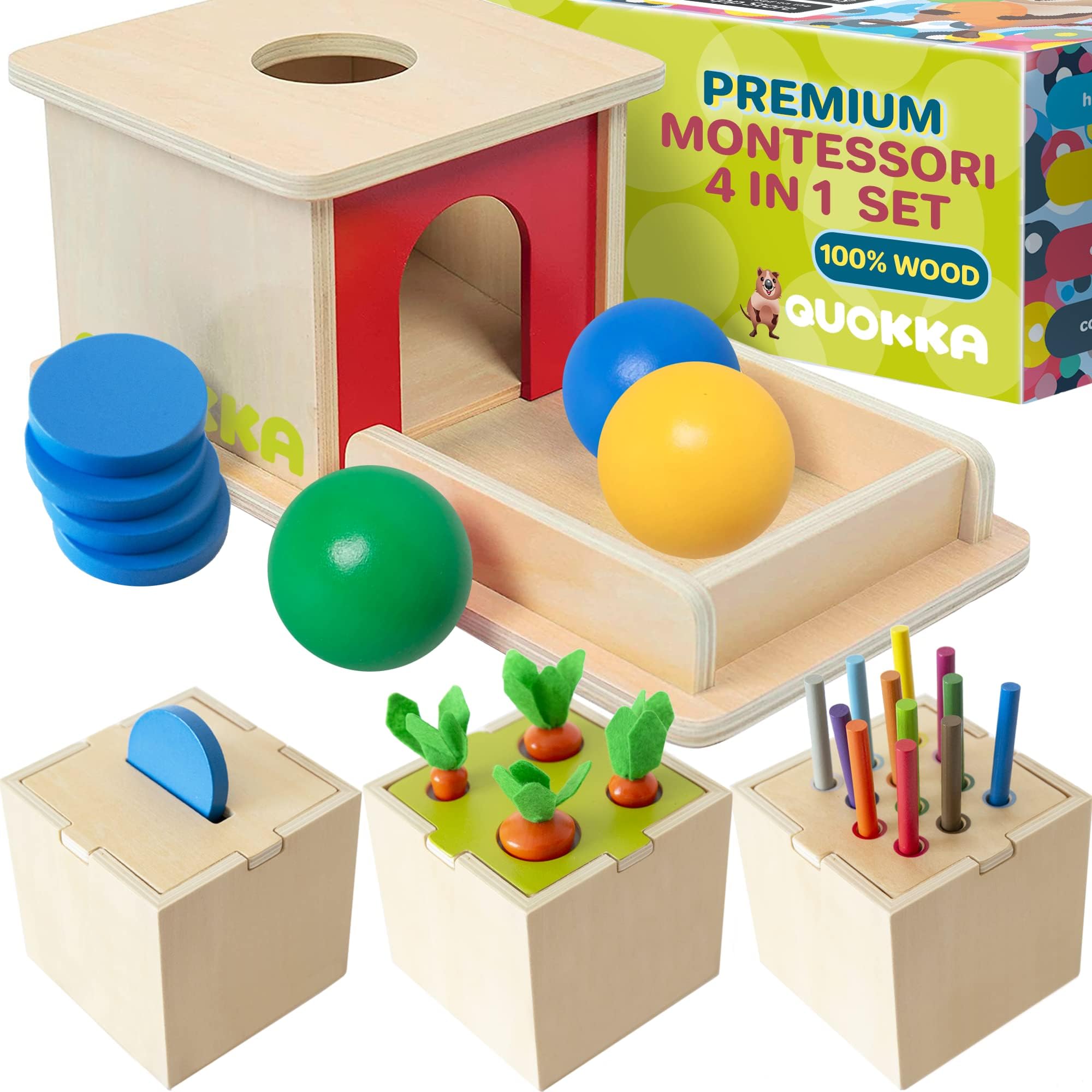 Quokka Montessori Toys for 1 2 Year Old - 4 Set Wooden Toys for Babies 6-12 Months | Object Permanence | Coin Box | Carrot Harvest | Color Matching Sticks | Shape Sorter | Ball Drop Learning