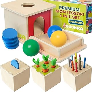 QUOKKA Montessori Toys for 1 2 Year Old - 4 Set Wooden Toys for Babies 6-12 Months Object Permanence | Coin Box | Carrot Harvest | Color Matching Sticks | Shape Sorter | - Ball Drop Learning
