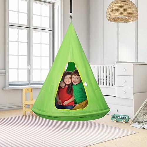 Miniatura 8 de VEVOR Silla columpio para niños, hamaca colgante con cuerda ajustable, 2 ventanas, 1 entrada y 2 bolsillos, columpio con sensor de tienda de campaña