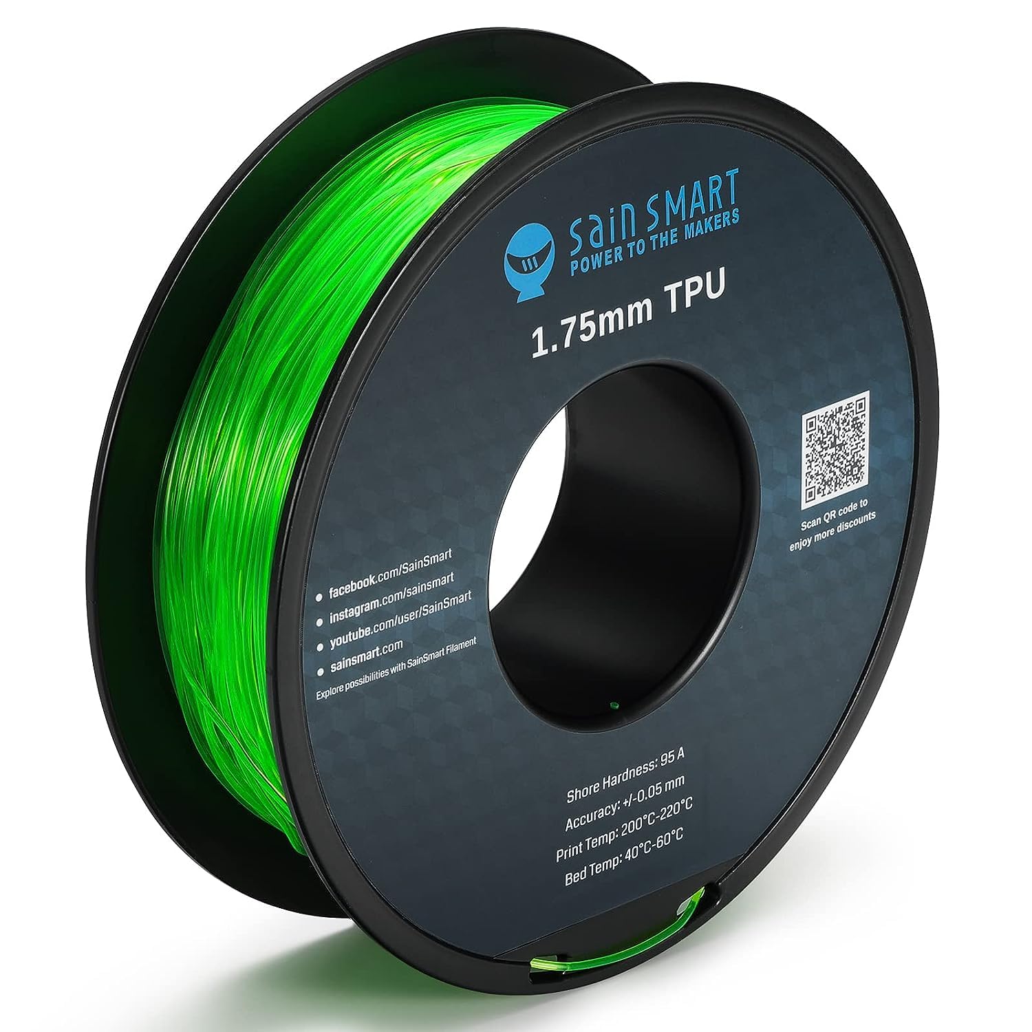SainSmart Green Flexible TPU 3D Printing Filament, 1.75 mm, 0.8 kg, Dimensional Accuracy +/- 0.05 mm