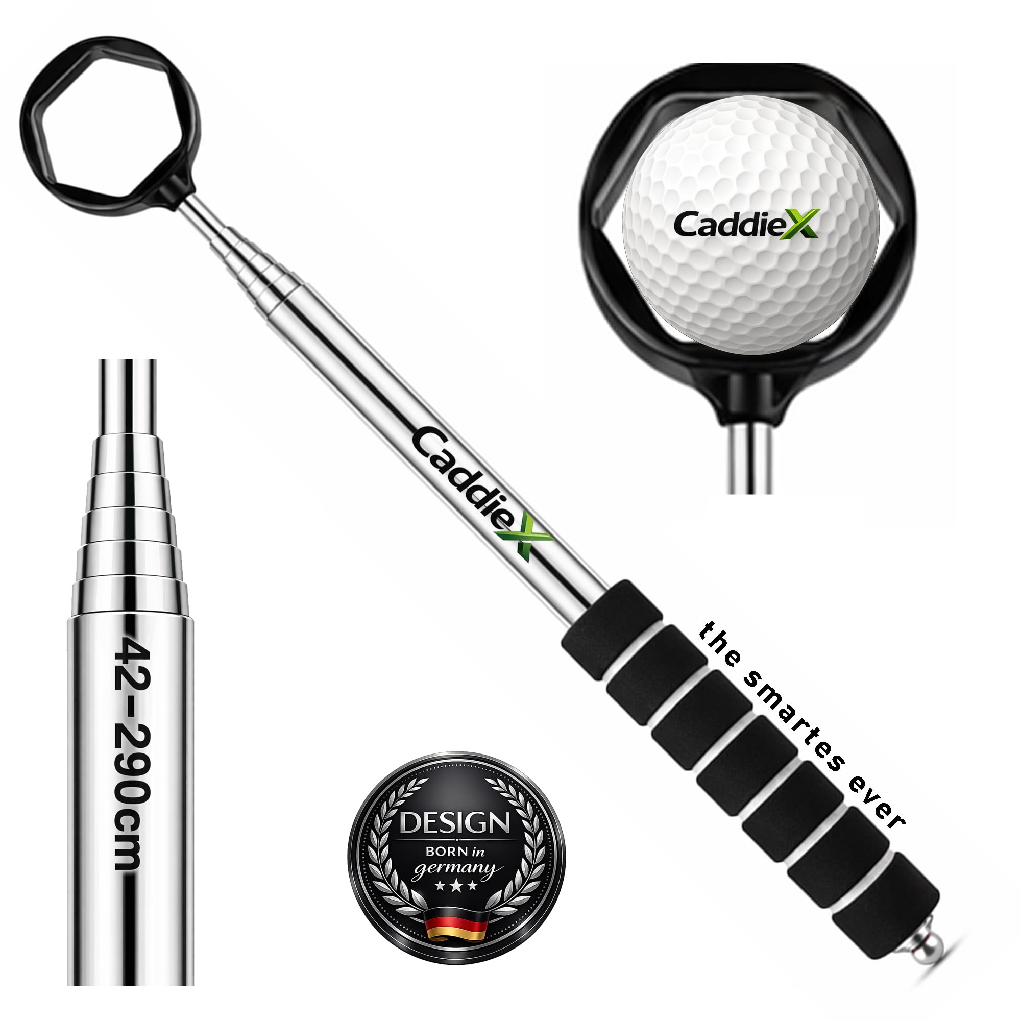 Golf Ballrückholer Edelstahl 42–290 cm – Teleskop Golfangel mit 6-Kant Greifsystem – Ausziehbare Golfball Angel – Golf Ball Retriever – Golf Zubehör | Präzise Edelstahl - Teleskoptechnik