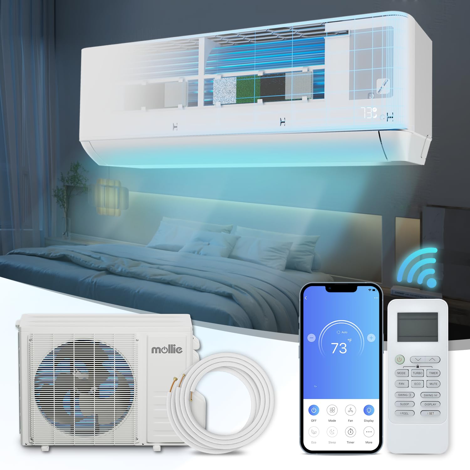 mollie 12000 BTU Mini Split Air Conditioner w/4-in-1 Filters, 115V 22 SEER2 AC Unit with Smart App Control, Cools Up to 550 Sq. Ft, Pre-Charged Heat Pump and Installation Kits