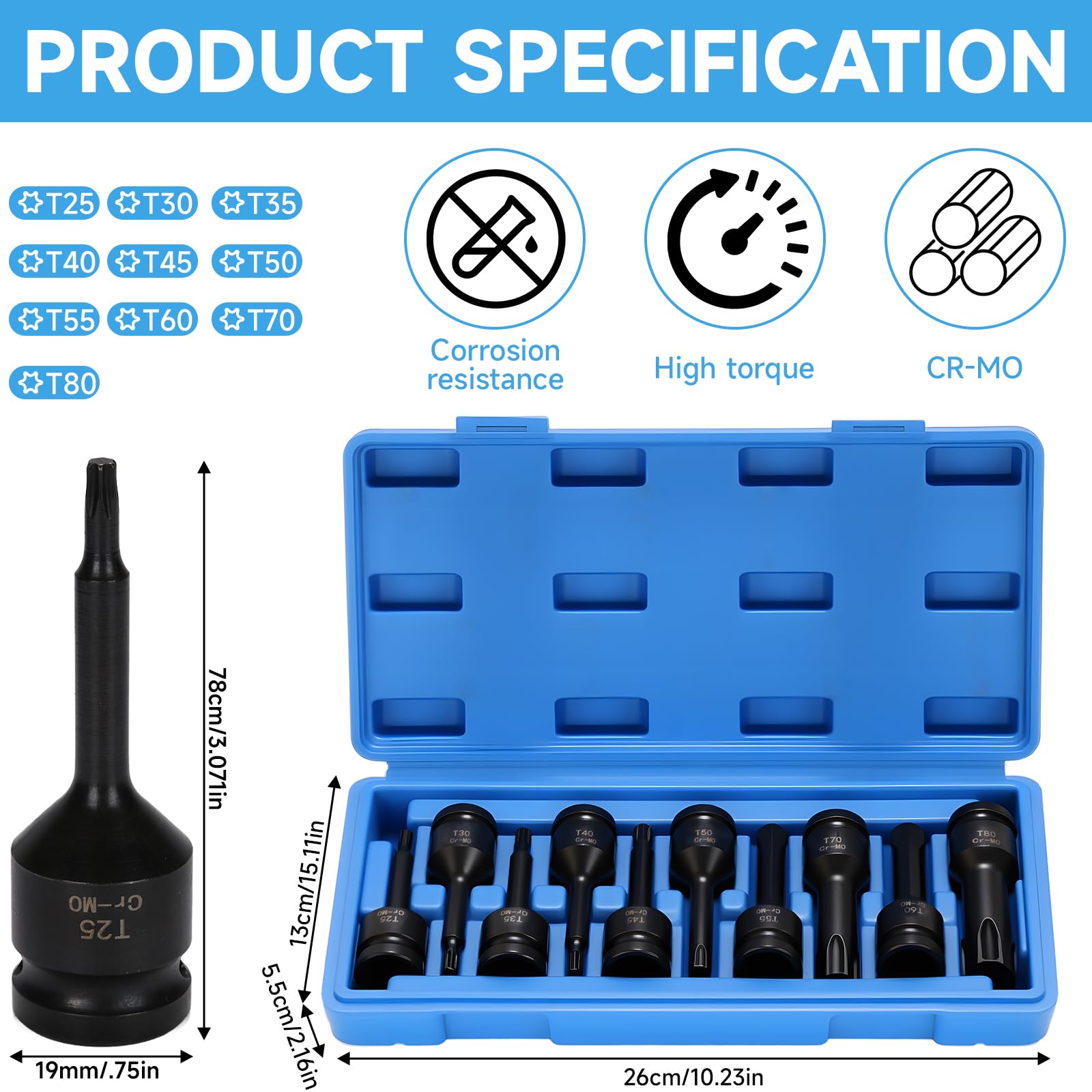 10 Piezas llaves de vaso de impacto XZN, Juego de Llaves de Vaso Multidientes 1/2”, M5,M6,M8,M10,M12,M14,M16,M17,M18,M19