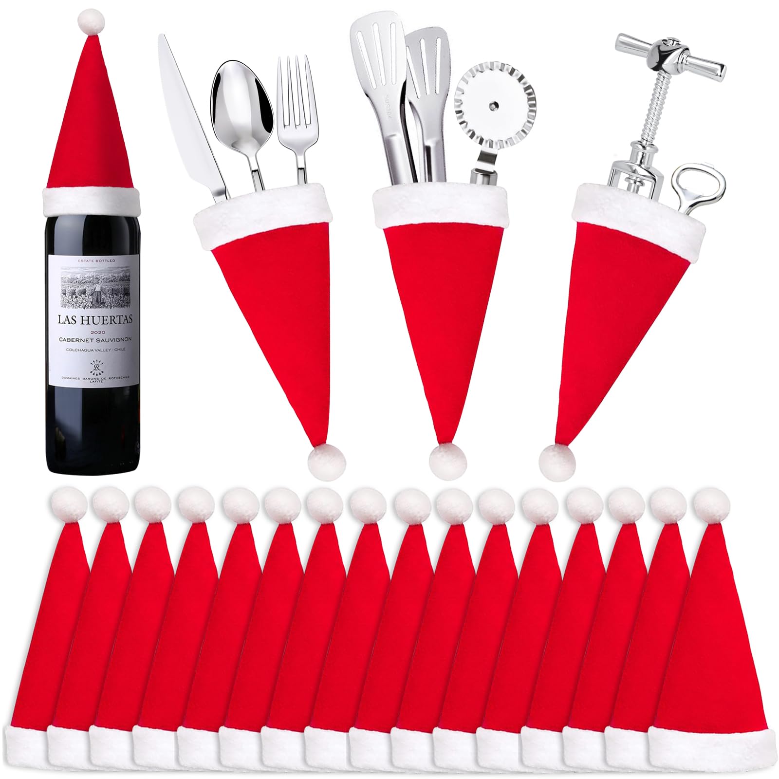 16Piezas Porta Cubiertos con Gorro de Papá Noel DIY Porta Cubiertos Navideños Decoración de Mesa Navideña Adornos Navideños Adecuados para Piruletas, Botellas de Vino, Vajillas(18cmx7cm)