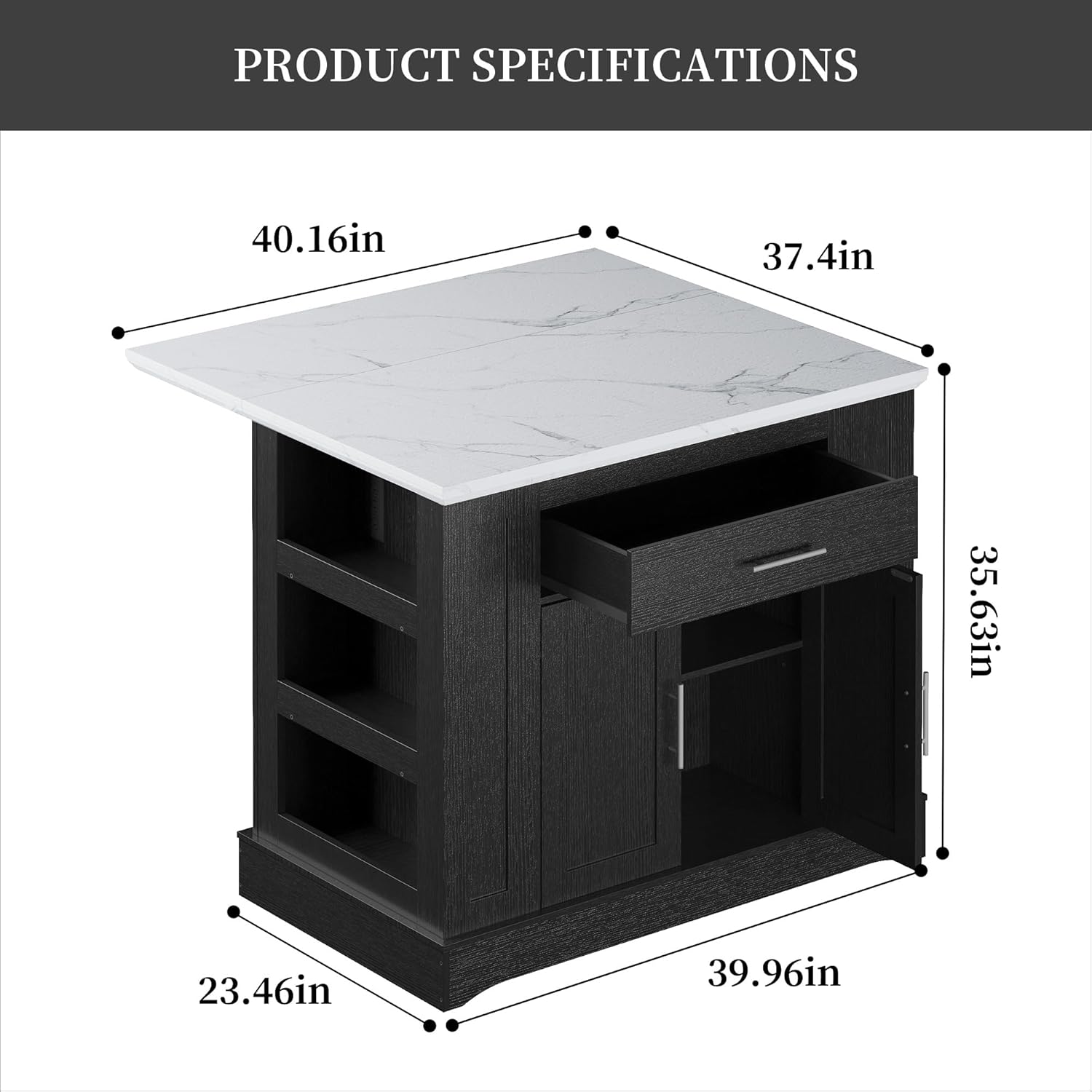 FUSUNBAO Large Kitchen Island with Storage & Power Outlet, Drawer, Adjustable Shelves, Side Open Compartments, and Drop Leaf,Island Table for Kitchen with Footrest,Black