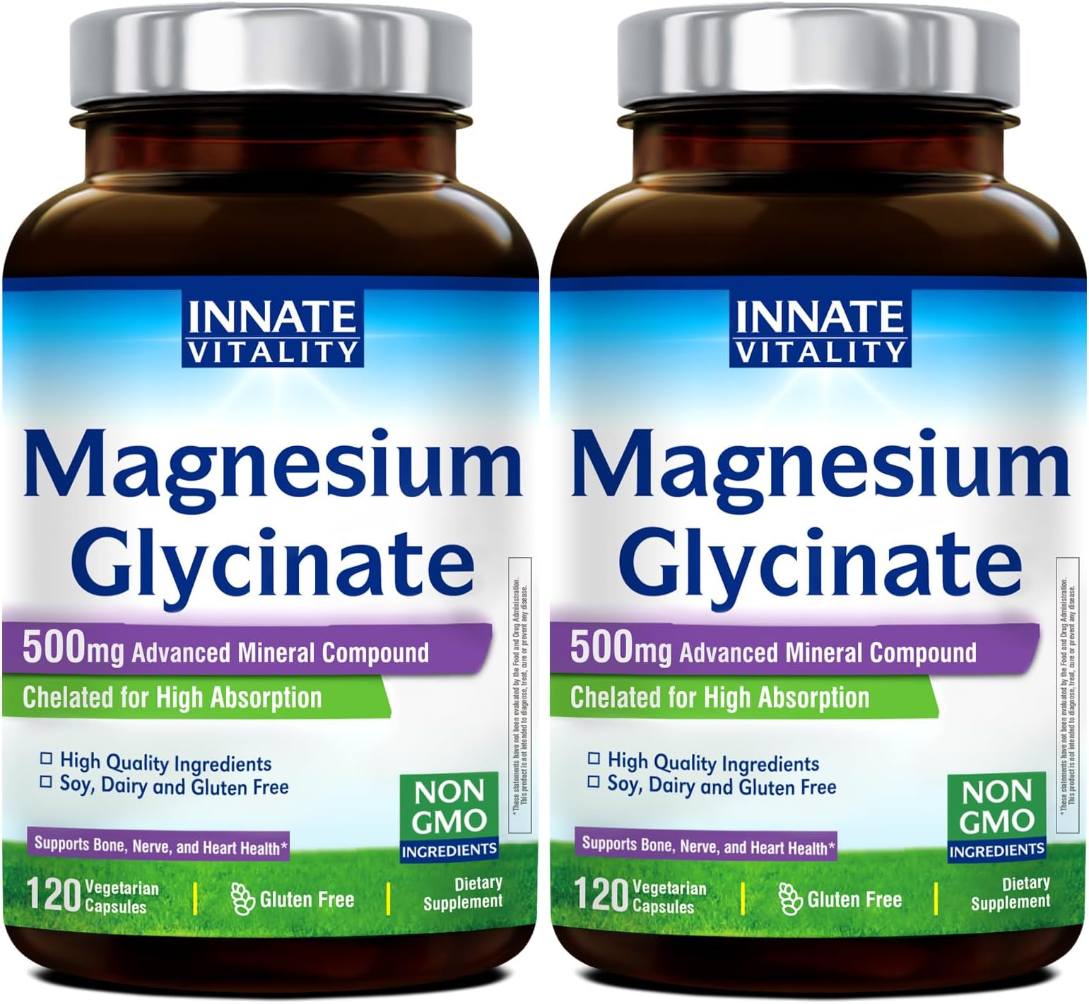 Innate Vitality Magnesium Glycinate 500mg | 70mg Elemental Magnesium Supplement - High Absorption, Non Buffered, Non-GMO & No Gluten - Vegan - Nerve Health - 120 Capsules (Pack of 2)