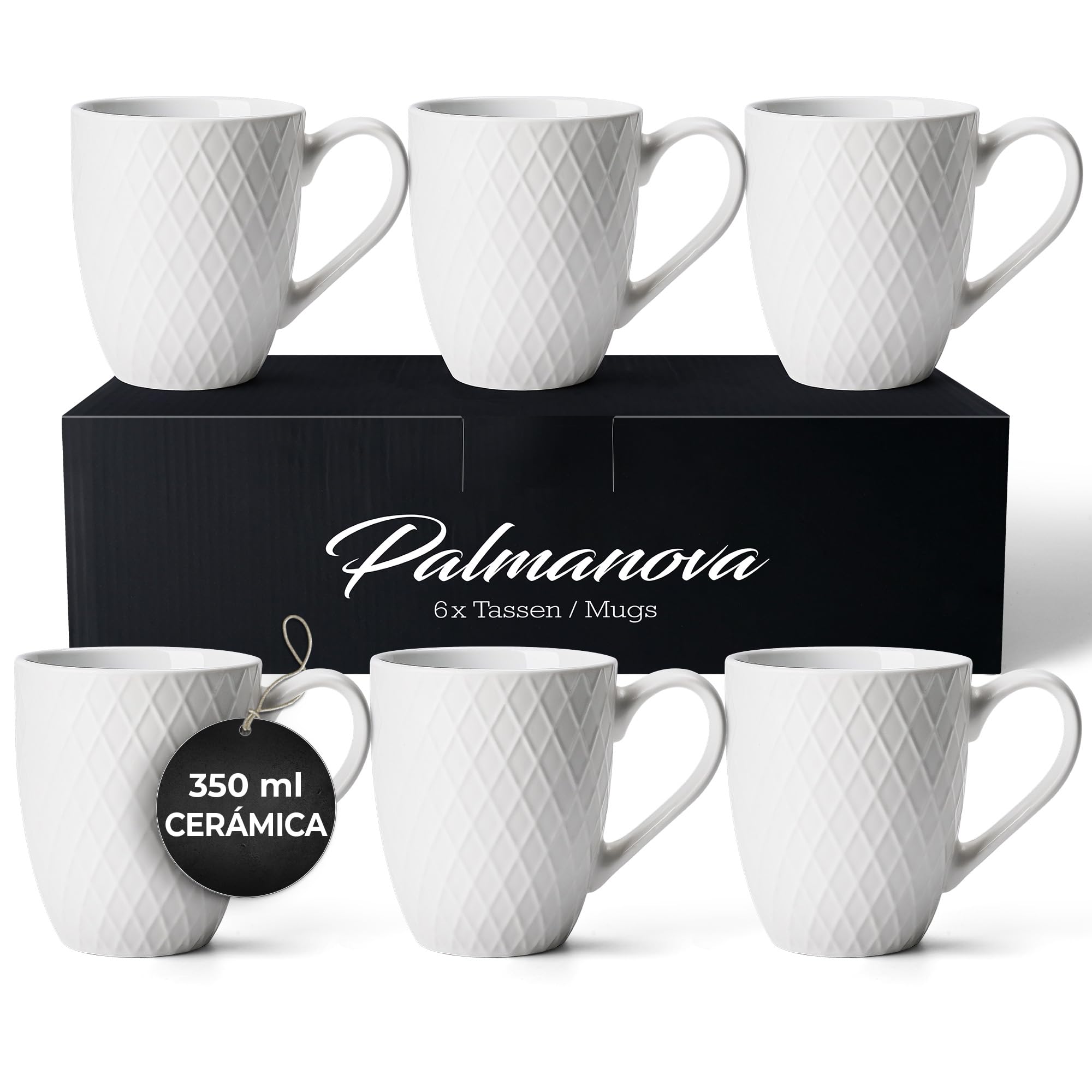 MIAMIO - Tazas grandes de café (6 × 350 ml), set de 6 - Palmanova (Blanco) | Tazas grandes de cerámica para cappuccino, té y latte macchiato; set de 6 tazas de café, todas aptas para lavavajillas