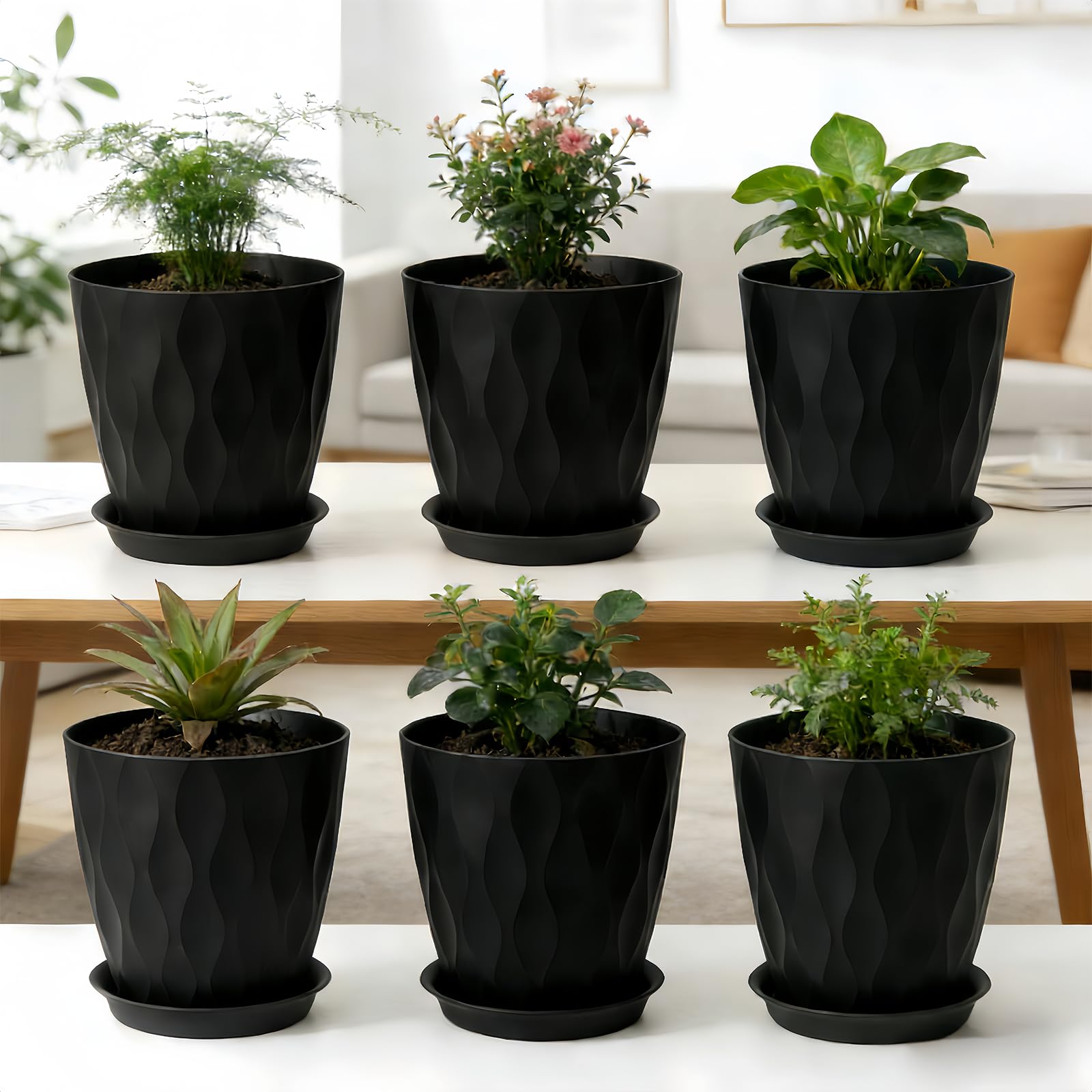 Macetas de 8 pulgadas, paquete de 6 macetas de plástico para plantas de interior y exterior, macetas con agujeros de drenaje y platillo, maceta de jardín para plantas (color negro)