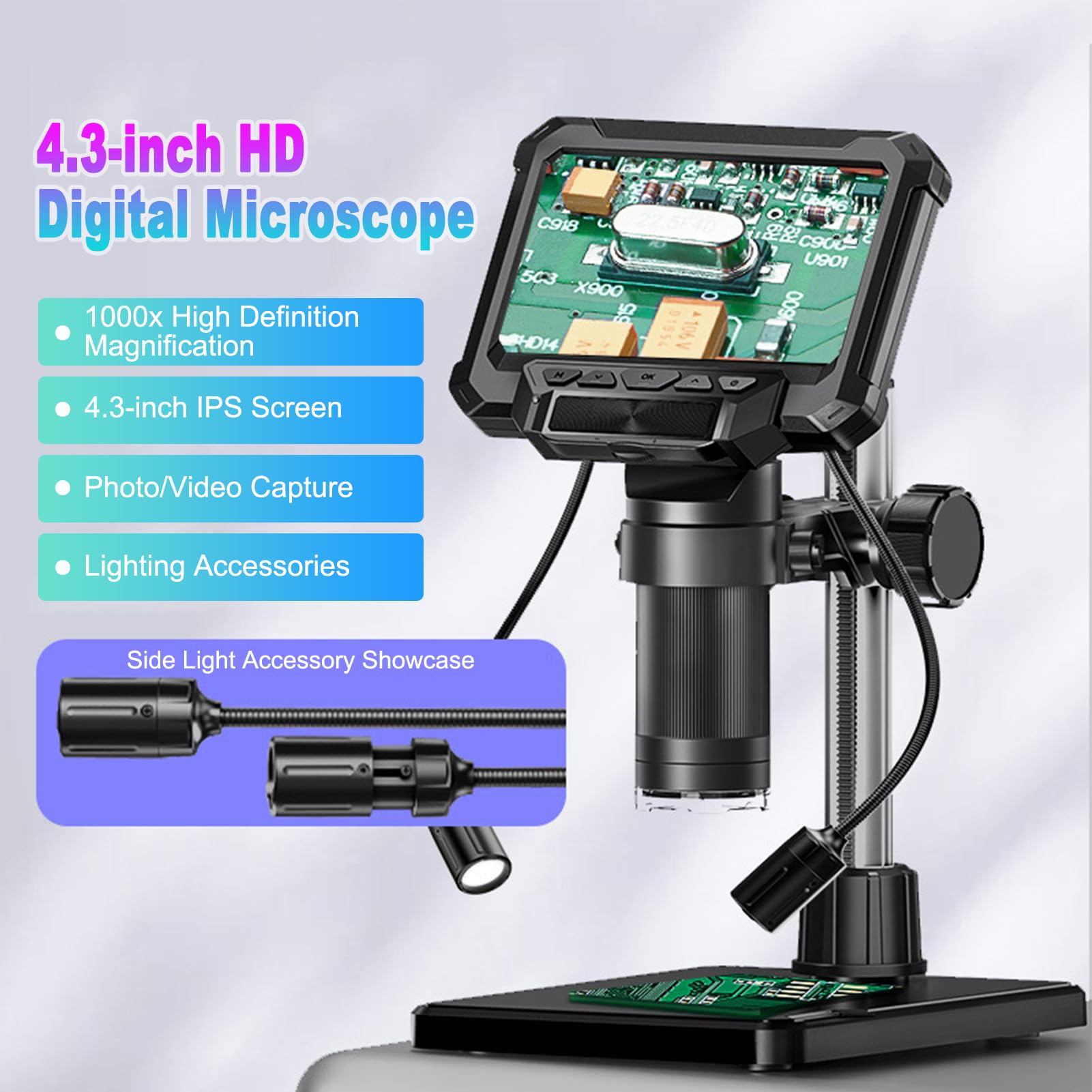 Luocute Mikroskop Cyfrowy, Ekran LCD o Przekątnej 4,3 Cala, Kamera 10 MP, Powiększenie 1000X, rozdzielczość 1080 P z 8 Regulowanymi Diodami LED, do Kontroli Biżuterii ze Znaczkami,