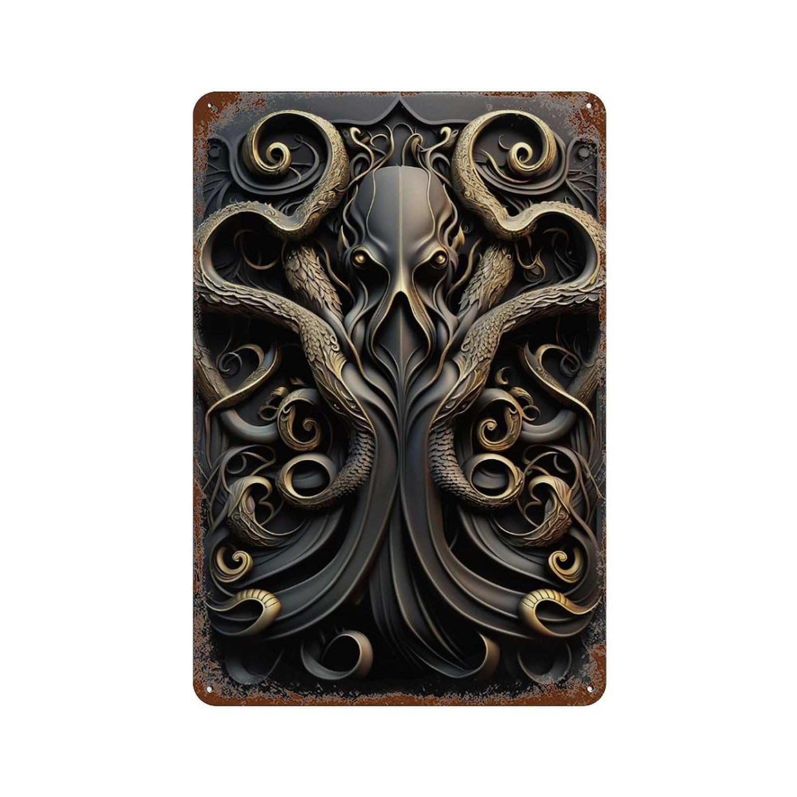 Rusty Metal Tin Sign with Cthulhu Kraken Monster God Design 11.8"x7.9", for Farmhouse, Kitchen And Entryway Decor, Classic Wall Plaque