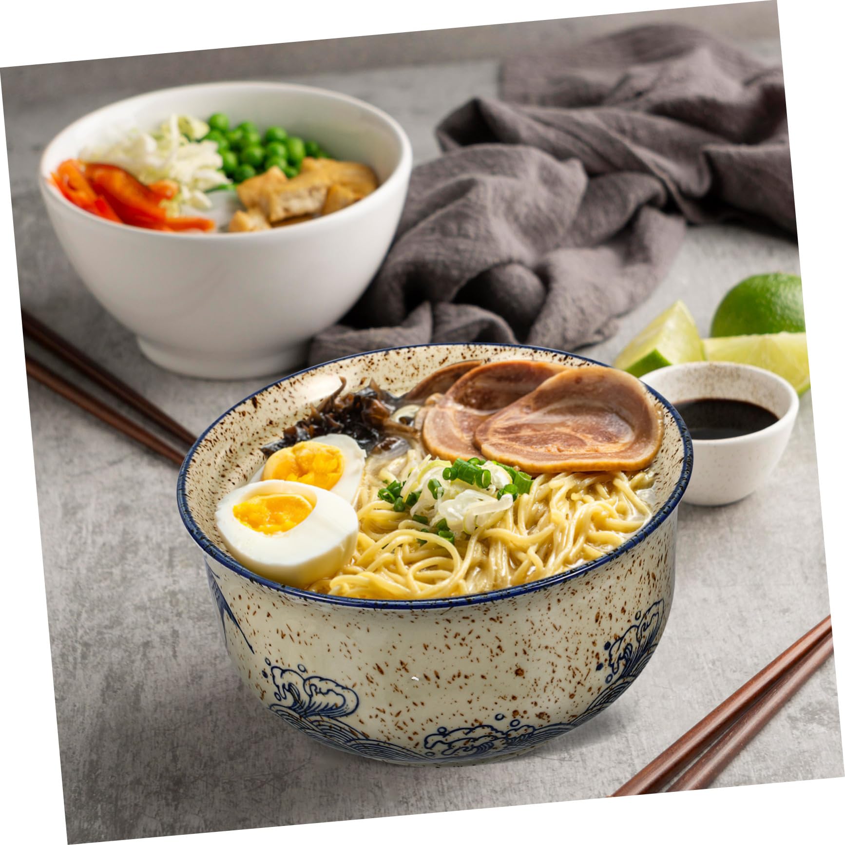 Hohopeti Keramik Ramen Nudel Schüssel Set mit Deckel Essstäbchen und Löffel Suppenschale für Instant Nudelgerichte Langlebig Hitzebeständig und Platzsparend