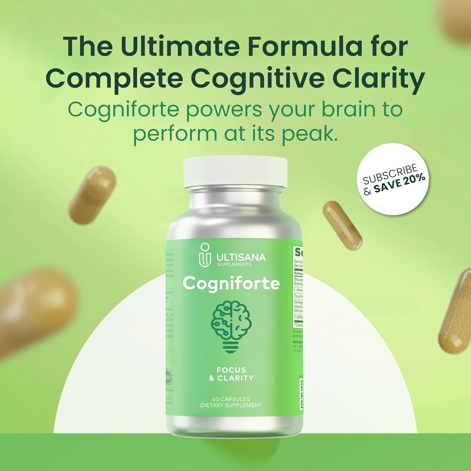 Cogniforte L-Theanine & Ginkgo Biloba Brain Supplement for Memory and Focus | Enhanced Cognitive Support, Mental Clarity & Energy Booster | with Taurine & Caffeine | 60 Count