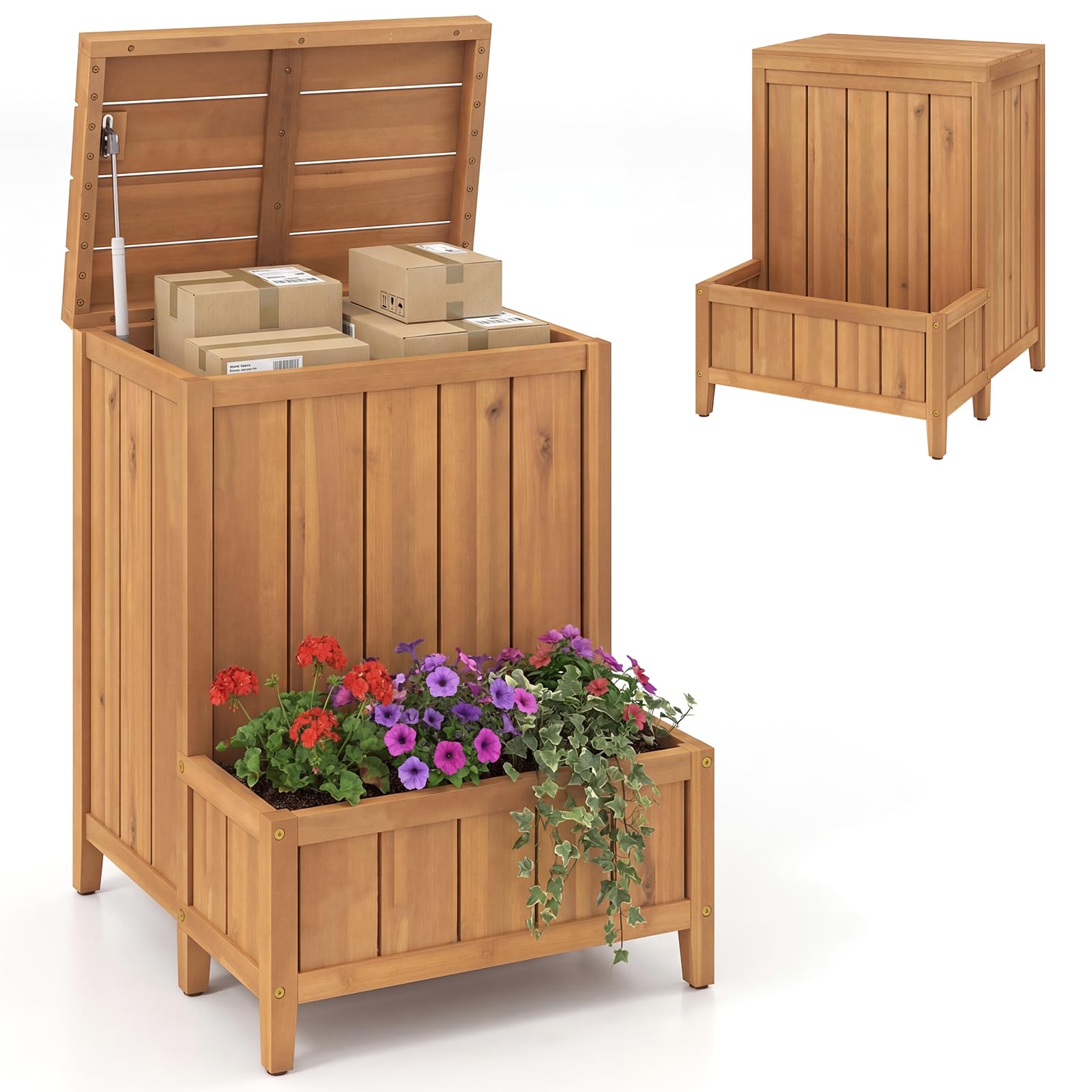 COSTWAY Blumenkasten mit Gartenbox, Auflagenbox mit Deckel, Paketbox mit Pflanzkübel aus Holz, Aufbewahrungsbox für Pakete & Gartengeräte, für Garten & Terrasse, 57 x 52,5 x 70 cm, Natur