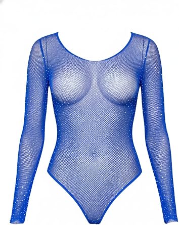 Leg Avenue Womens Rhinestone Lingerie Long Sleeve Fishnet Bodysuit for Women with Snap Crotch