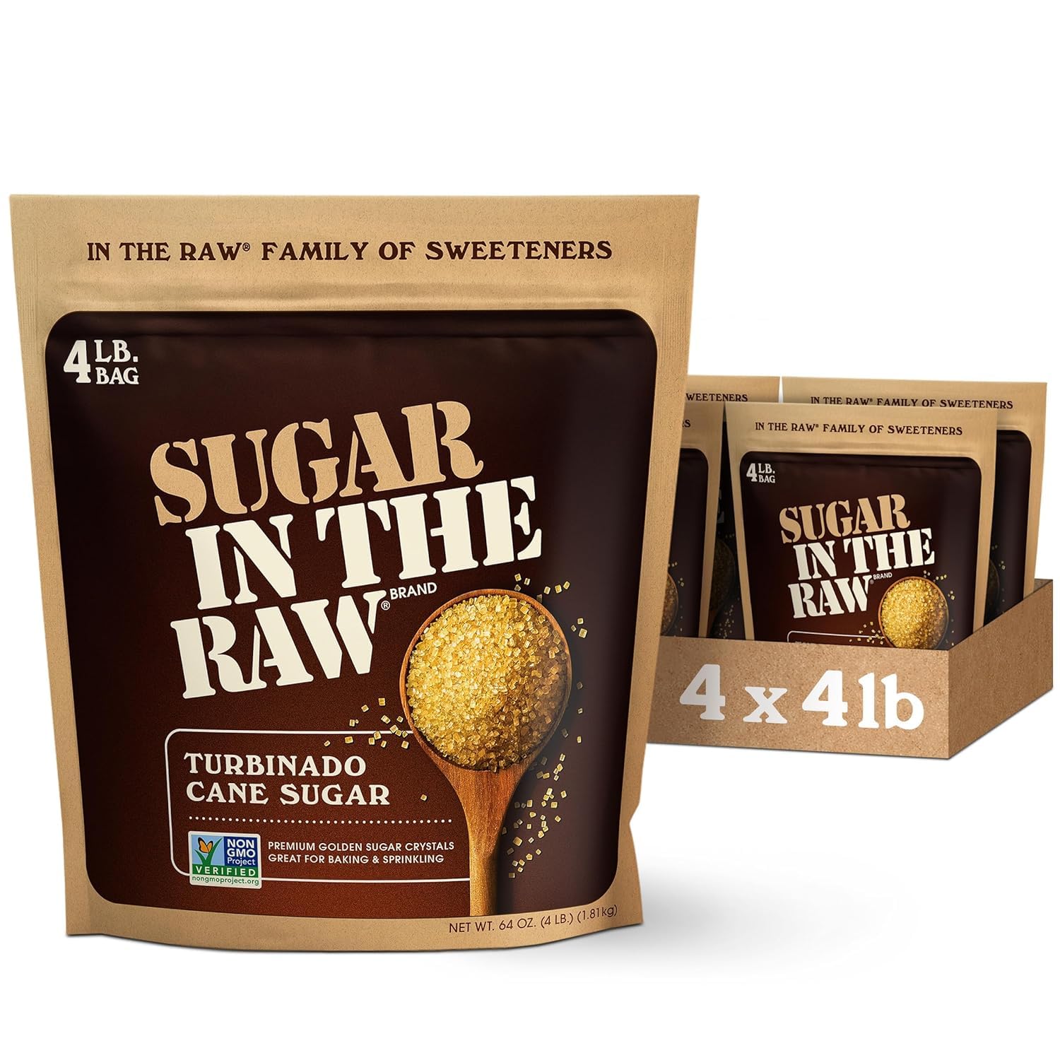 Sugar In The Raw Granulated Turbinado Cane Sugar, 4 lb Bag, 4 Pack, Pure, All-Natural Turbinado Sugar, Non-GMO Project Verified, Kosher, Vegan and Gluten Free