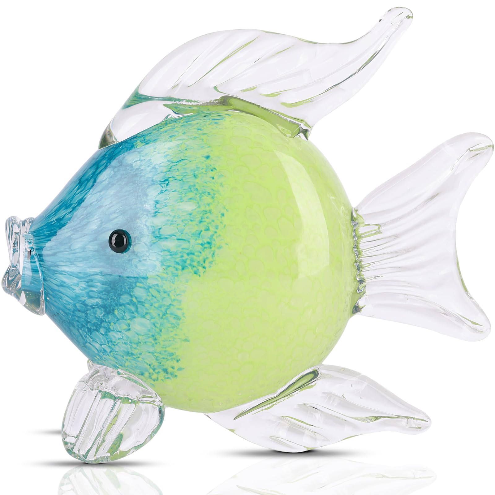 LCCCK Large Glass Fish Figurines Hand Blown Green Fish Statue and Sculpture Home Decor, Murano Animal Tropical Sea Glass Paperweights for Desk, Glass Aquarium Coastal Beach Decorative
